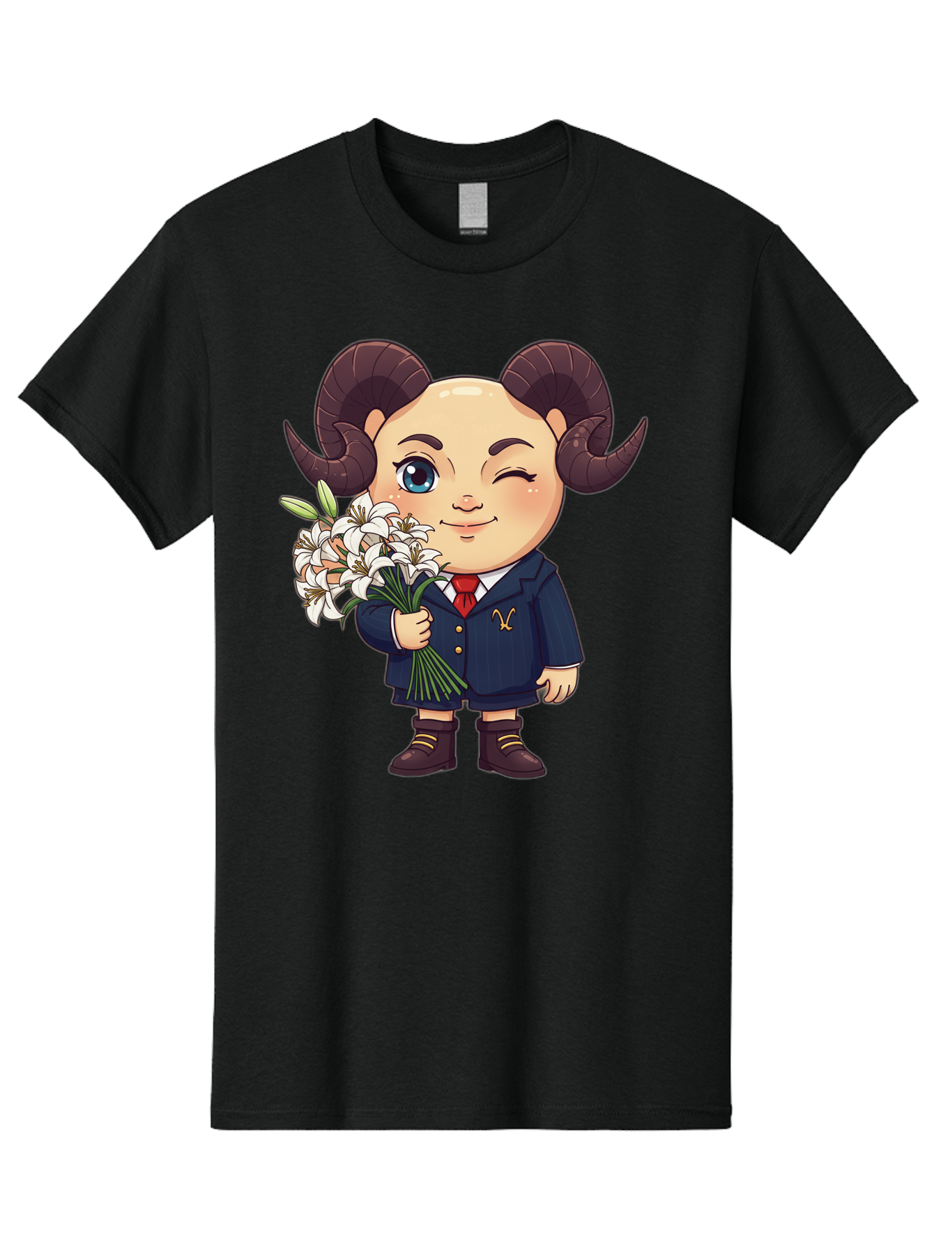 Aries-Zodiac-Cartoon-Character Men'S Graphic Tee, 100% Cotton, Comfortable Casual Summer Wear, Machine Washable, Cartoon Aries Character, Formal Attire, Bouquet Of White Flowers, Astrology Symbol, Zodiac Sign, Unique Illustration, Bae117