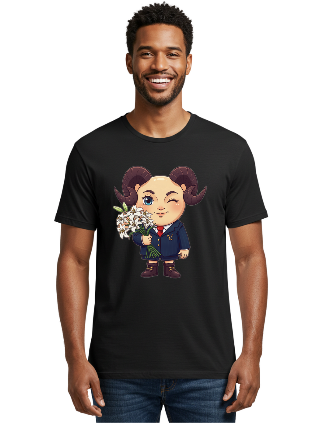 Aries-Zodiac-Cartoon-Character Men'S Graphic Tee, 100% Cotton, Comfortable Casual Summer Wear, Machine Washable, Cartoon Aries Character, Formal Attire, Bouquet Of White Flowers, Astrology Symbol, Zodiac Sign, Unique Illustration, Bae117
