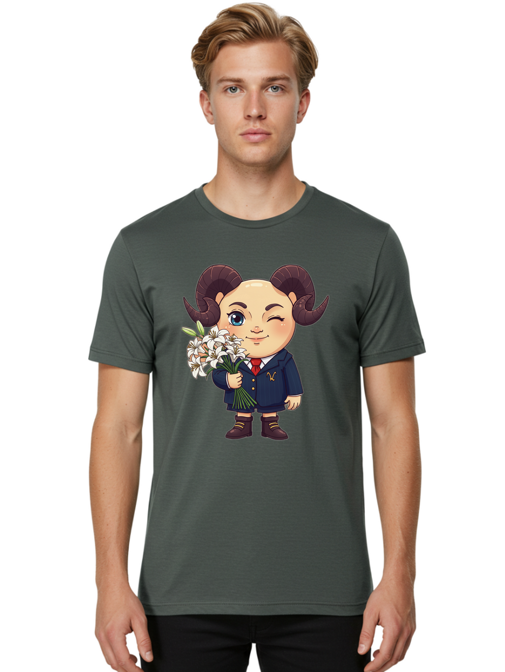 Aries-Zodiac-Cartoon-Character Men'S Graphic Tee, 100% Cotton, Comfortable Casual Summer Wear, Machine Washable, Cartoon Aries Character, Formal Attire, Bouquet Of White Flowers, Astrology Symbol, Zodiac Sign, Unique Illustration, Bae117