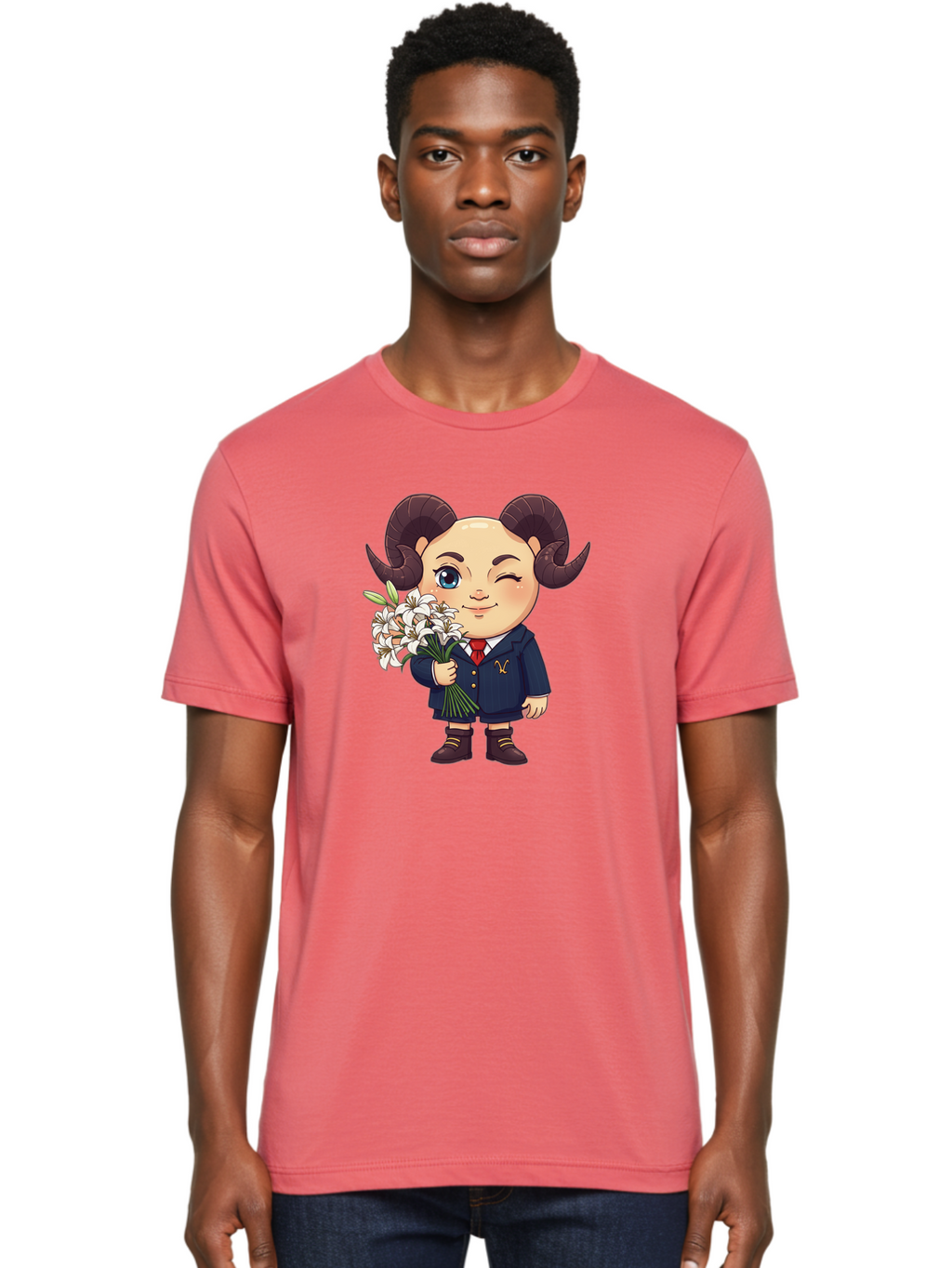 Aries-Zodiac-Cartoon-Character Men'S Graphic Tee, 100% Cotton, Comfortable Casual Summer Wear, Machine Washable, Cartoon Aries Character, Formal Attire, Bouquet Of White Flowers, Astrology Symbol, Zodiac Sign, Unique Illustration, Bae117