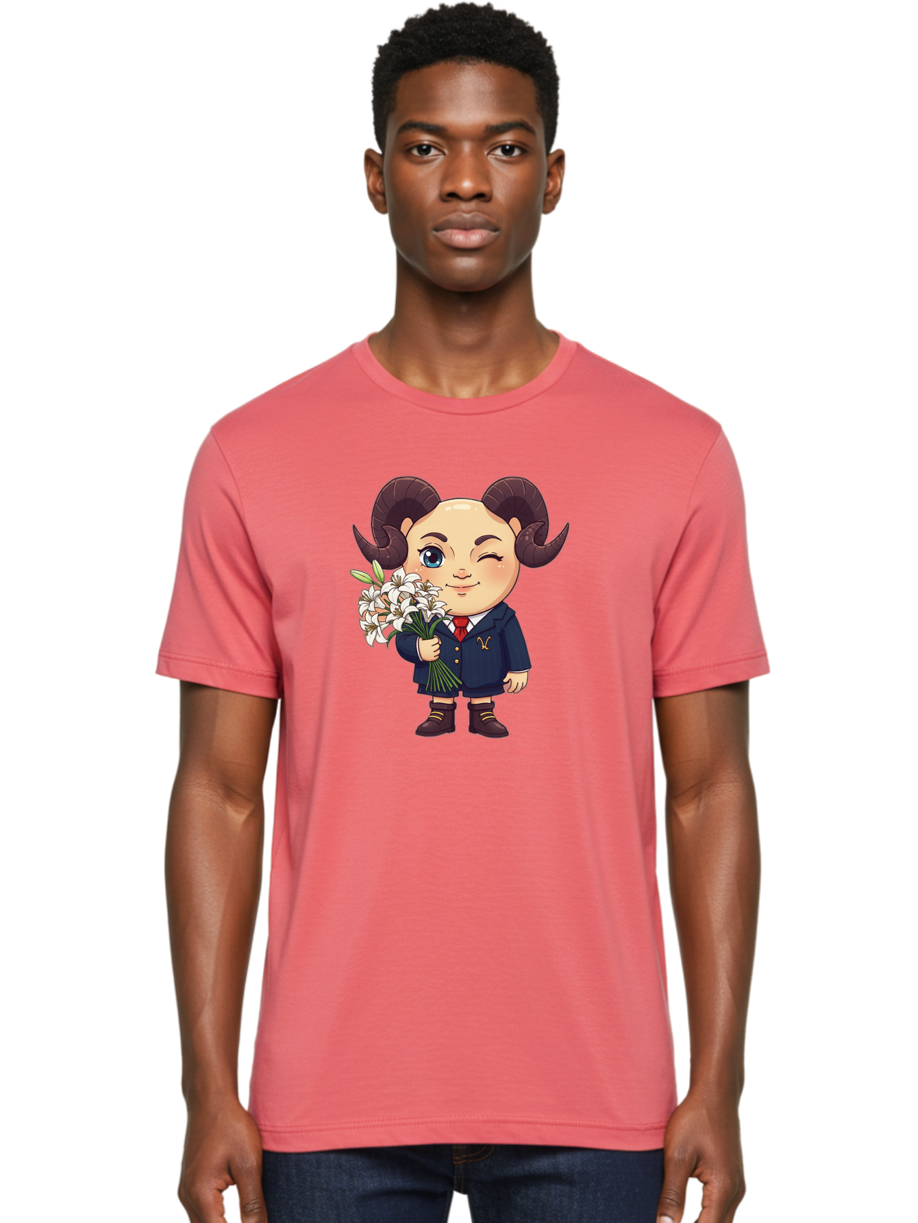 Aries-Zodiac-Cartoon-Character Men'S Graphic Tee, 100% Cotton, Comfortable Casual Summer Wear, Machine Washable, Cartoon Aries Character, Formal Attire, Bouquet Of White Flowers, Astrology Symbol, Zodiac Sign, Unique Illustration, Bae117