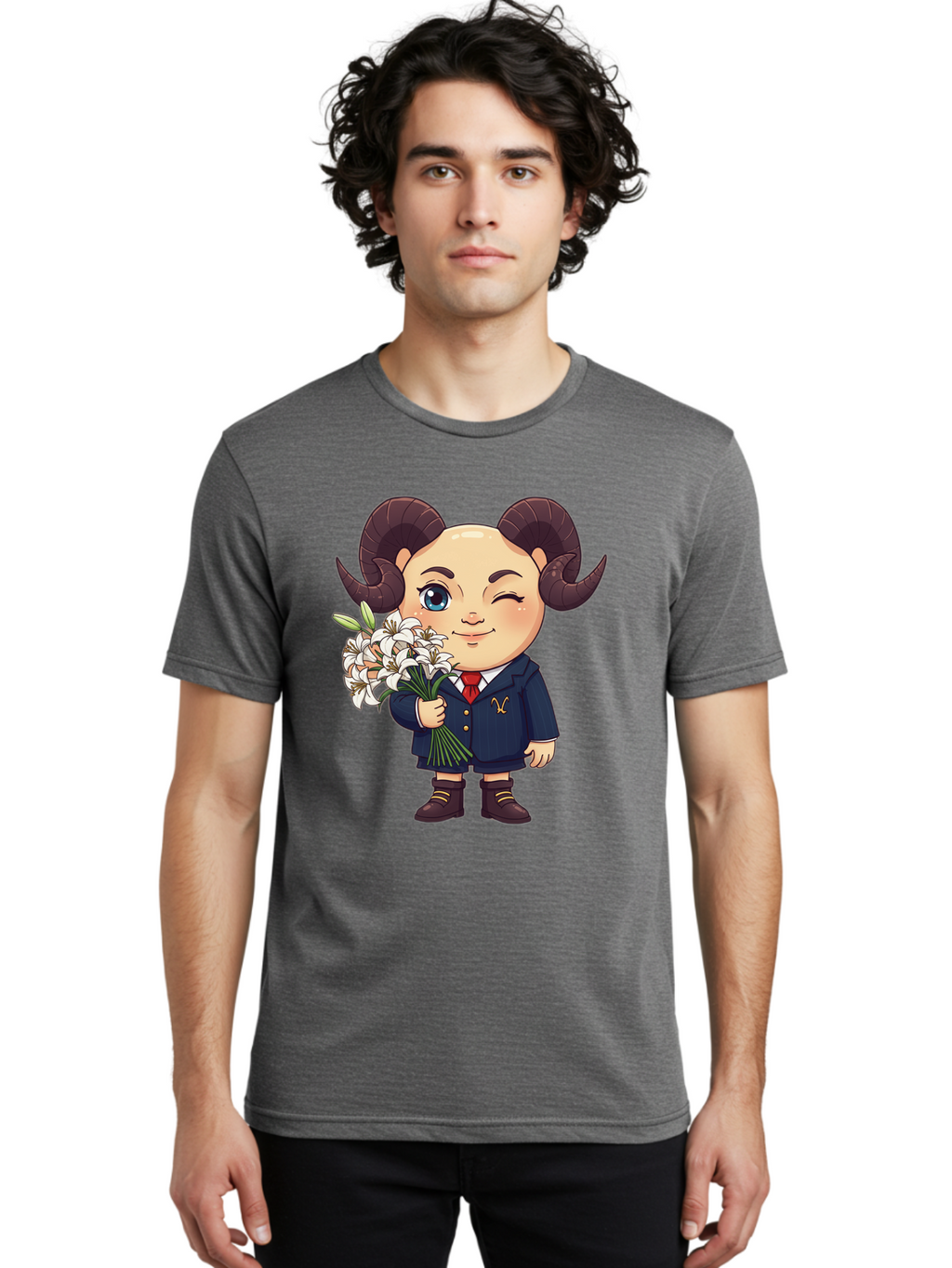 Aries-Zodiac-Cartoon-Character Men'S Graphic Tee, 100% Cotton, Comfortable Casual Summer Wear, Machine Washable, Cartoon Aries Character, Formal Attire, Bouquet Of White Flowers, Astrology Symbol, Zodiac Sign, Unique Illustration, Bae117