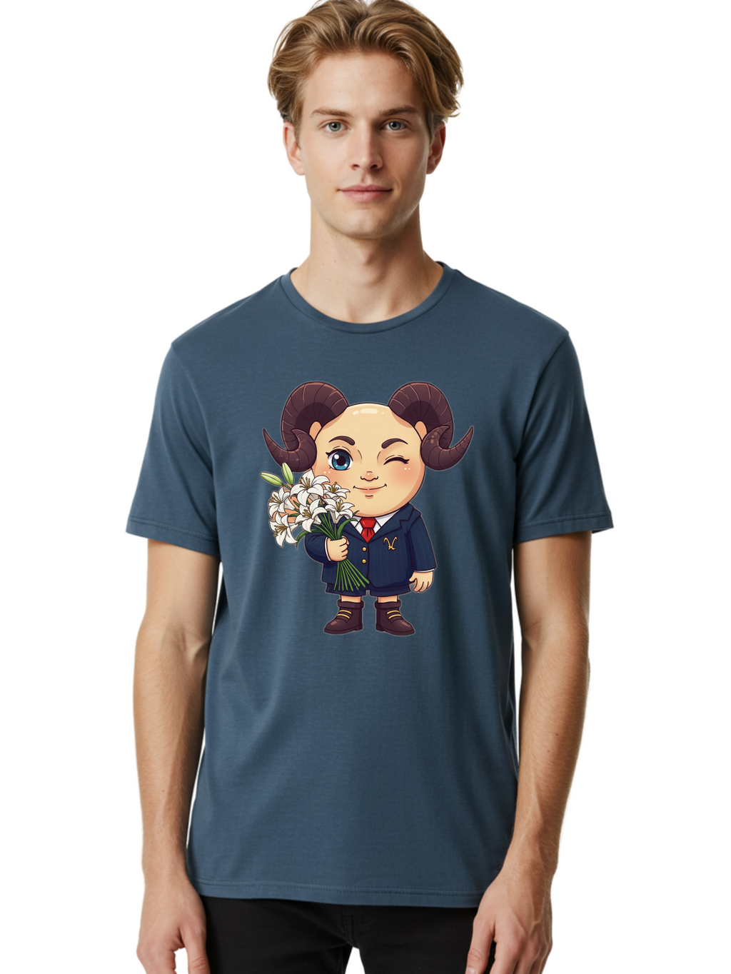 Aries-Zodiac-Cartoon-Character Men'S Graphic Tee, 100% Cotton, Comfortable Casual Summer Wear, Machine Washable, Cartoon Aries Character, Formal Attire, Bouquet Of White Flowers, Astrology Symbol, Zodiac Sign, Unique Illustration, Bae117