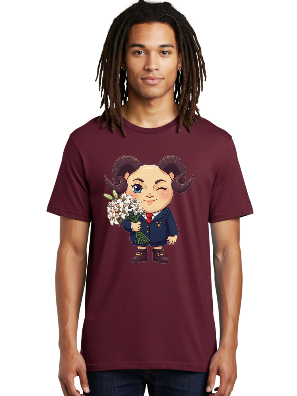 Aries-Zodiac-Cartoon-Character Men'S Graphic Tee, 100% Cotton, Comfortable Casual Summer Wear, Machine Washable, Cartoon Aries Character, Formal Attire, Bouquet Of White Flowers, Astrology Symbol, Zodiac Sign, Unique Illustration, Bae117
