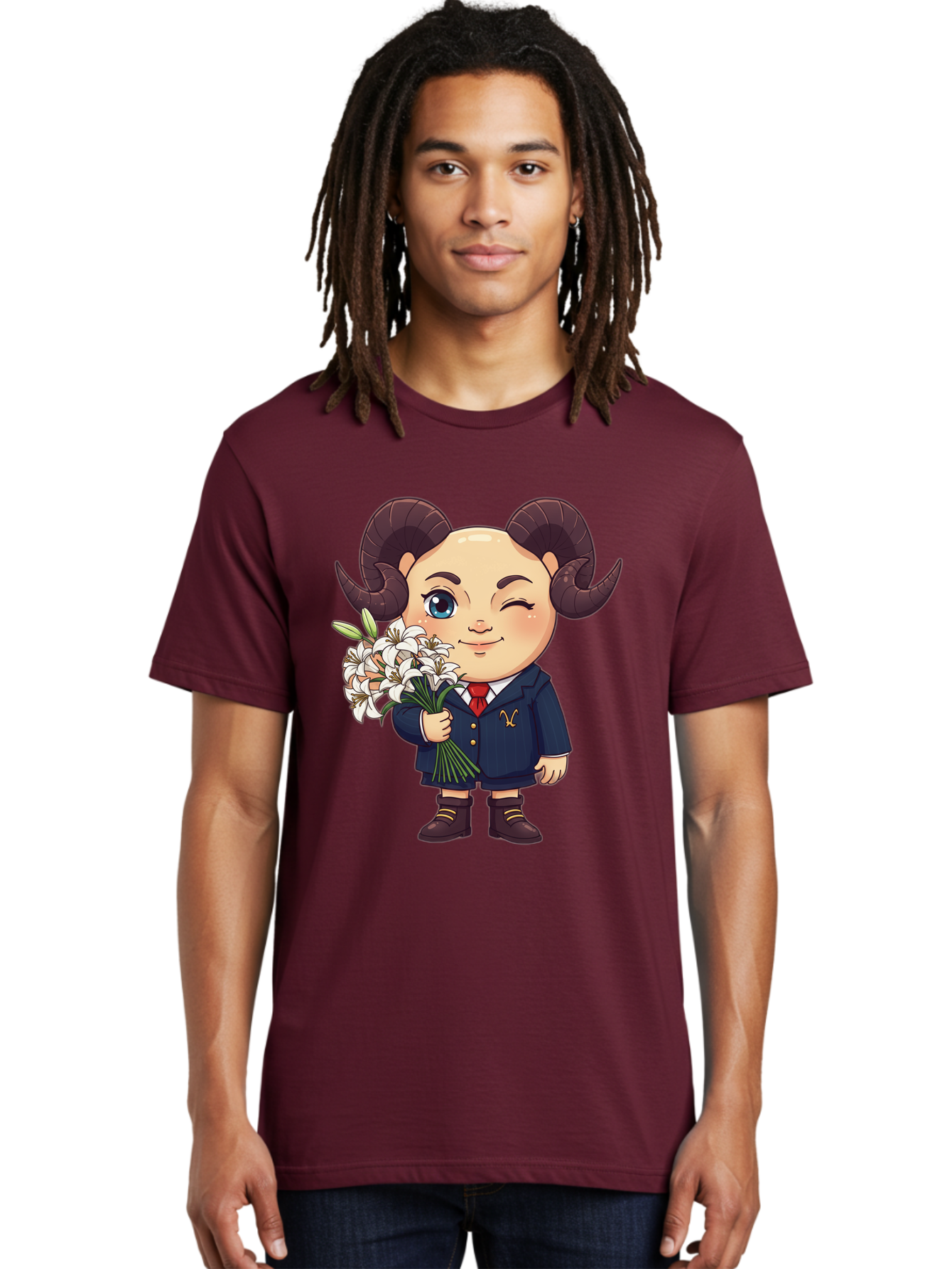 Aries-Zodiac-Cartoon-Character Men'S Graphic Tee, 100% Cotton, Comfortable Casual Summer Wear, Machine Washable, Cartoon Aries Character, Formal Attire, Bouquet Of White Flowers, Astrology Symbol, Zodiac Sign, Unique Illustration, Bae117