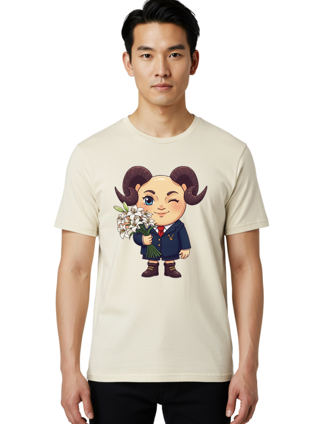 Aries-Zodiac-Cartoon-Character Men'S Graphic Tee, 100% Cotton, Comfortable Casual Summer Wear, Machine Washable, Cartoon Aries Character, Formal Attire, Bouquet Of White Flowers, Astrology Symbol, Zodiac Sign, Unique Illustration, Bae117