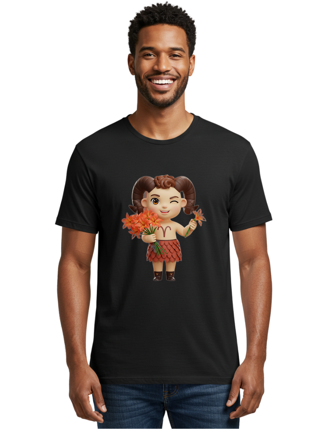 Aries-Zodiac-Character Men'S Graphic Tee, 100% Cotton, Comfortable Casual Summer Wear, Machine Washable, Cartoon Aries Zodiac Sign, Ram Horns, Astrology Symbol, Orange Flowers, Floral Arrangement, Zodiac Character Design, Fantasy Creature, Bae118