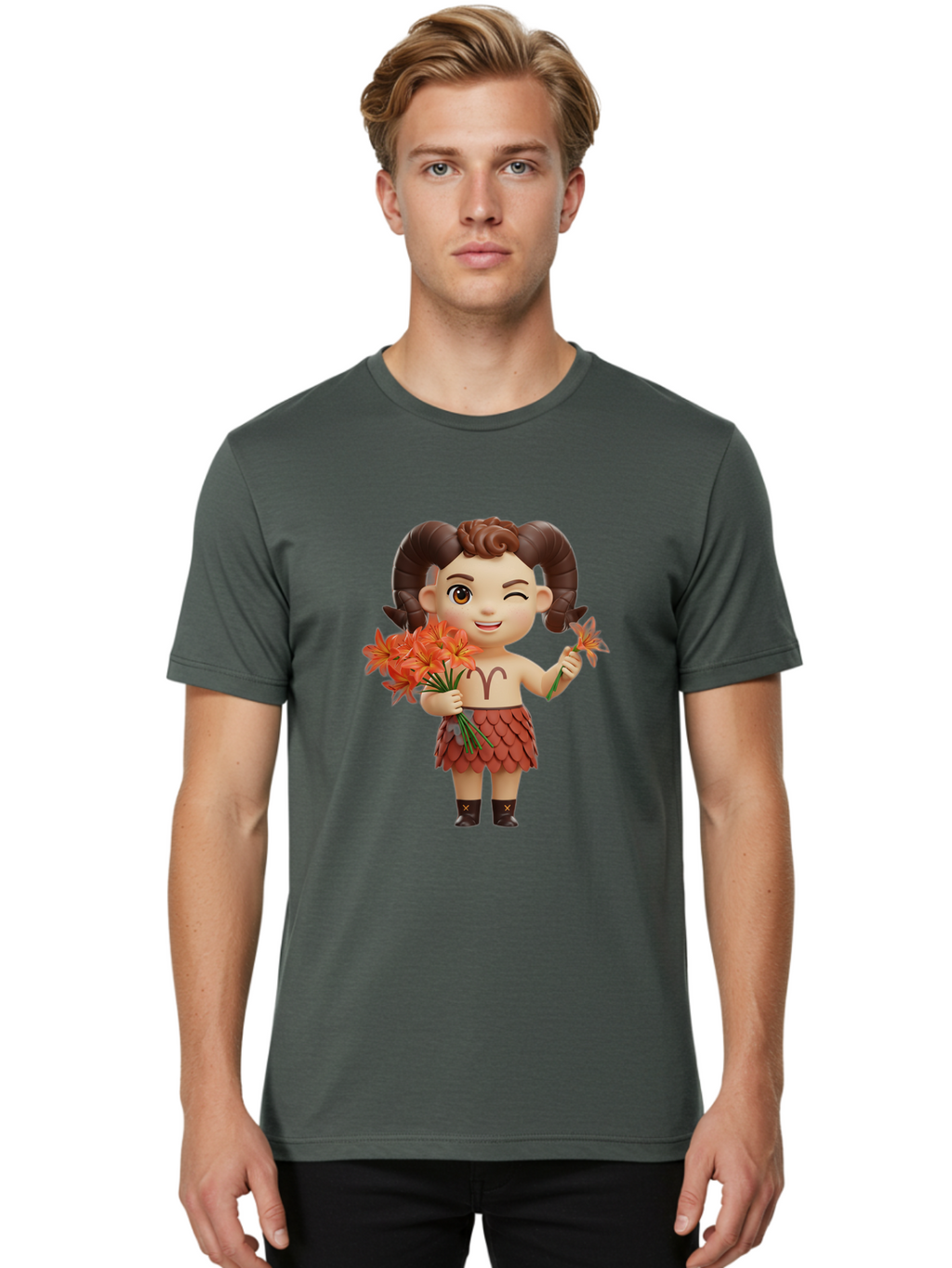Aries-Zodiac-Character Men'S Graphic Tee, 100% Cotton, Comfortable Casual Summer Wear, Machine Washable, Cartoon Aries Zodiac Sign, Ram Horns, Astrology Symbol, Orange Flowers, Floral Arrangement, Zodiac Character Design, Fantasy Creature, Bae118