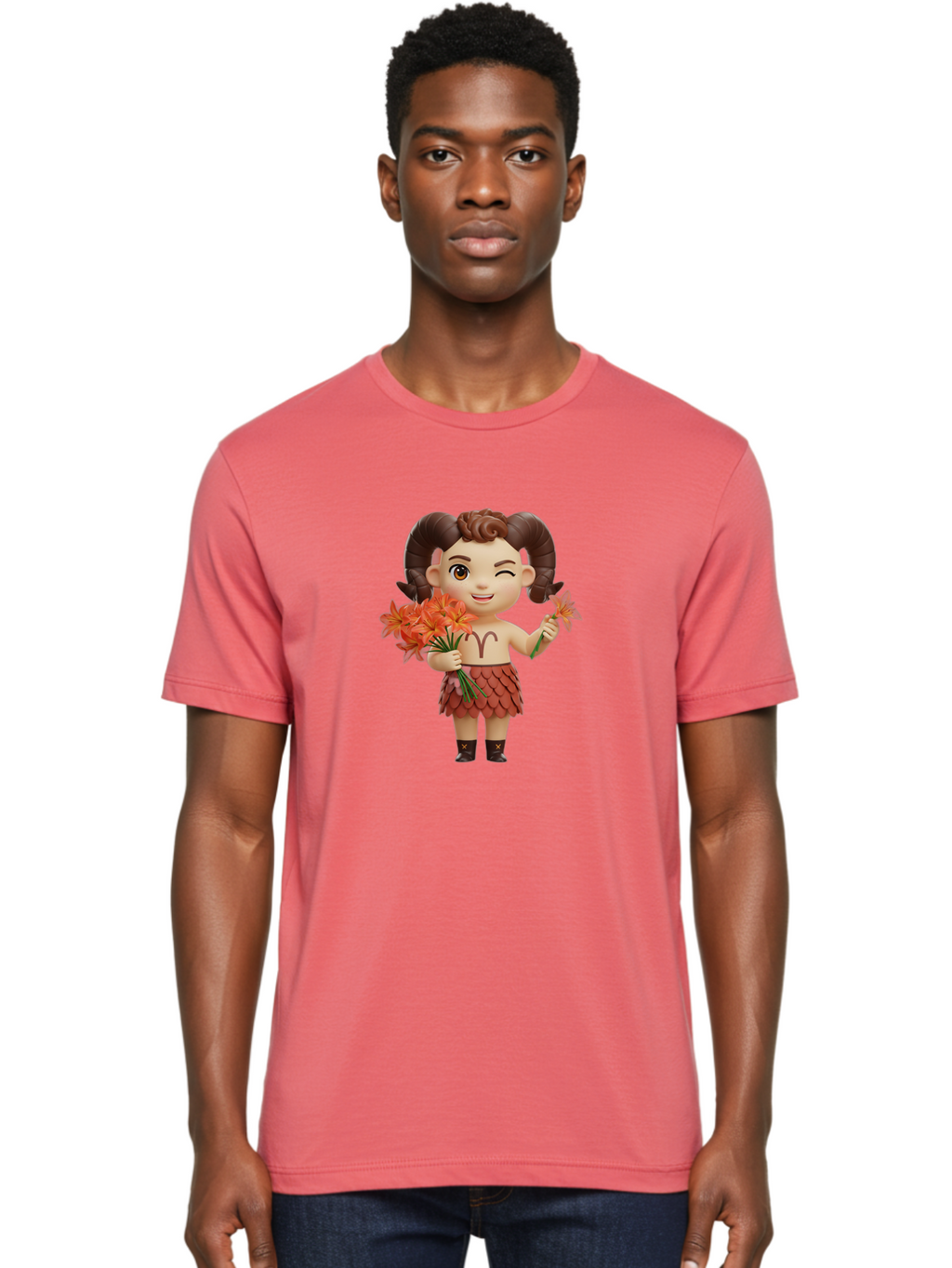 Aries-Zodiac-Character Men'S Graphic Tee, 100% Cotton, Comfortable Casual Summer Wear, Machine Washable, Cartoon Aries Zodiac Sign, Ram Horns, Astrology Symbol, Orange Flowers, Floral Arrangement, Zodiac Character Design, Fantasy Creature, Bae118