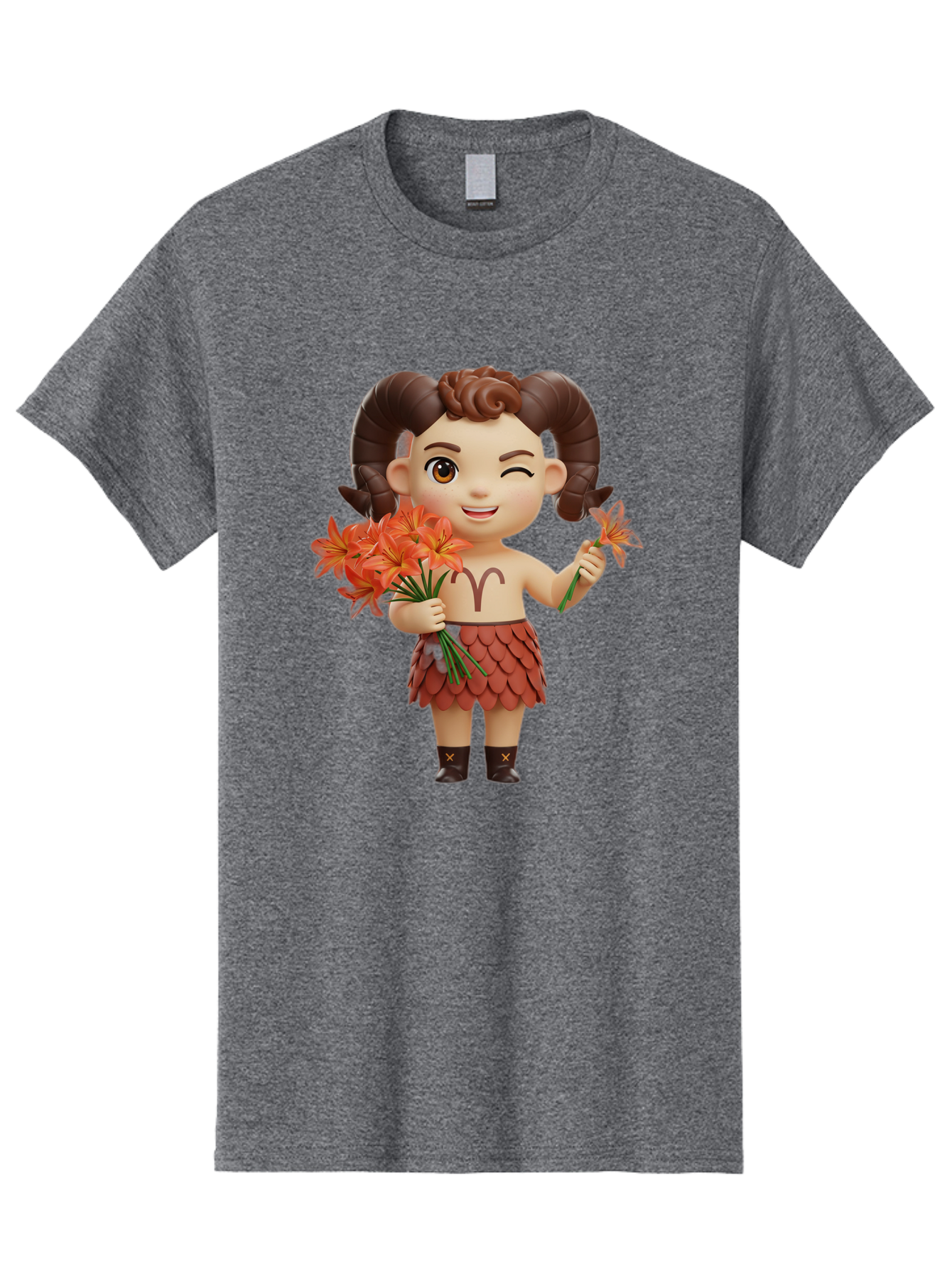 Aries-Zodiac-Character Men'S Graphic Tee, 100% Cotton, Comfortable Casual Summer Wear, Machine Washable, Cartoon Aries Zodiac Sign, Ram Horns, Astrology Symbol, Orange Flowers, Floral Arrangement, Zodiac Character Design, Fantasy Creature, Bae118