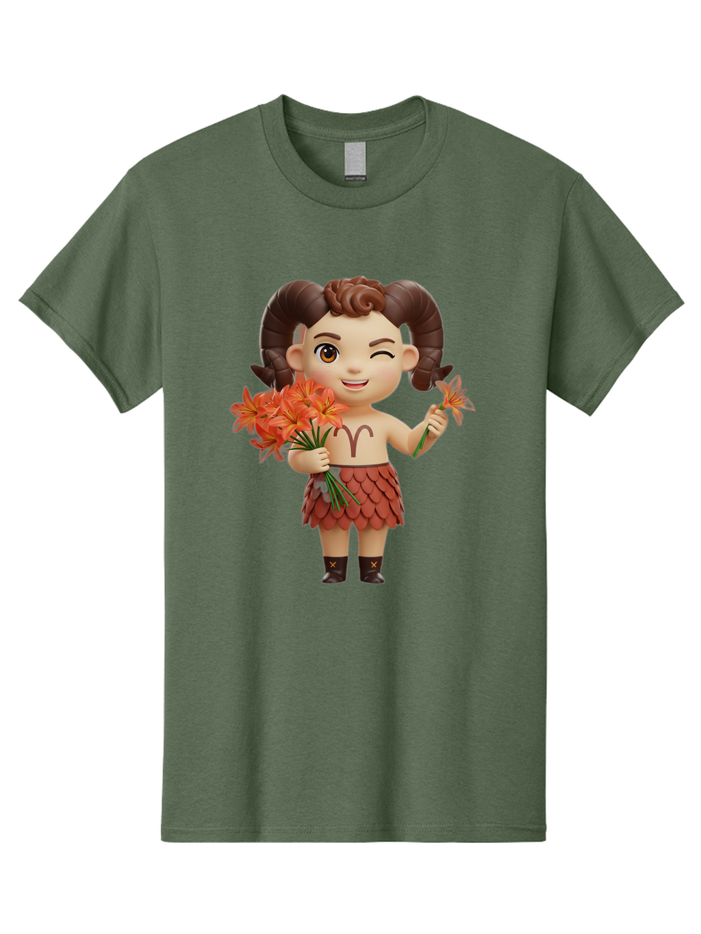 Aries-Zodiac-Character Men'S Graphic Tee, 100% Cotton, Comfortable Casual Summer Wear, Machine Washable, Cartoon Aries Zodiac Sign, Ram Horns, Astrology Symbol, Orange Flowers, Floral Arrangement, Zodiac Character Design, Fantasy Creature, Bae118
