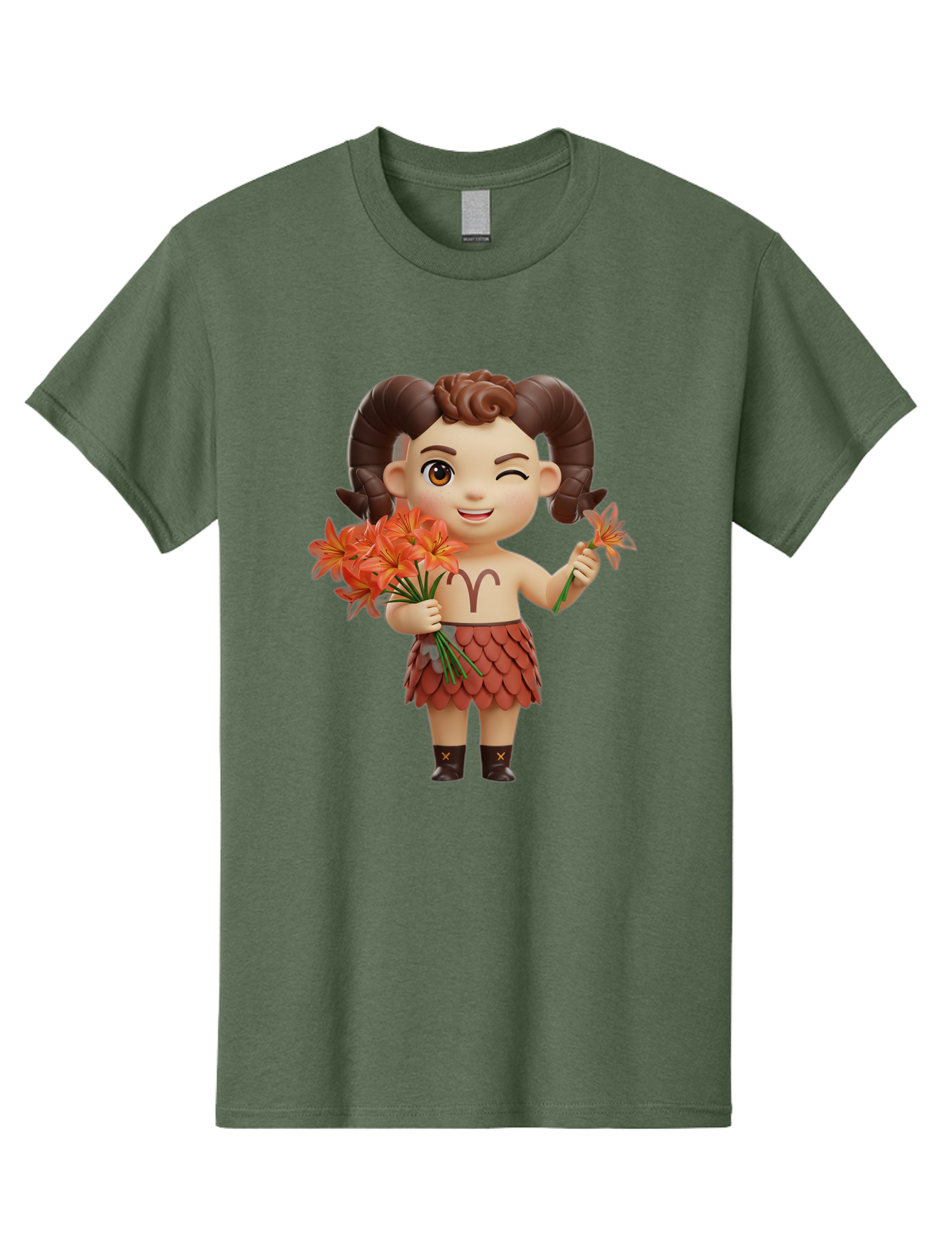 Aries-Zodiac-Character Men'S Graphic Tee, 100% Cotton, Comfortable Casual Summer Wear, Machine Washable, Cartoon Aries Zodiac Sign, Ram Horns, Astrology Symbol, Orange Flowers, Floral Arrangement, Zodiac Character Design, Fantasy Creature, Bae118