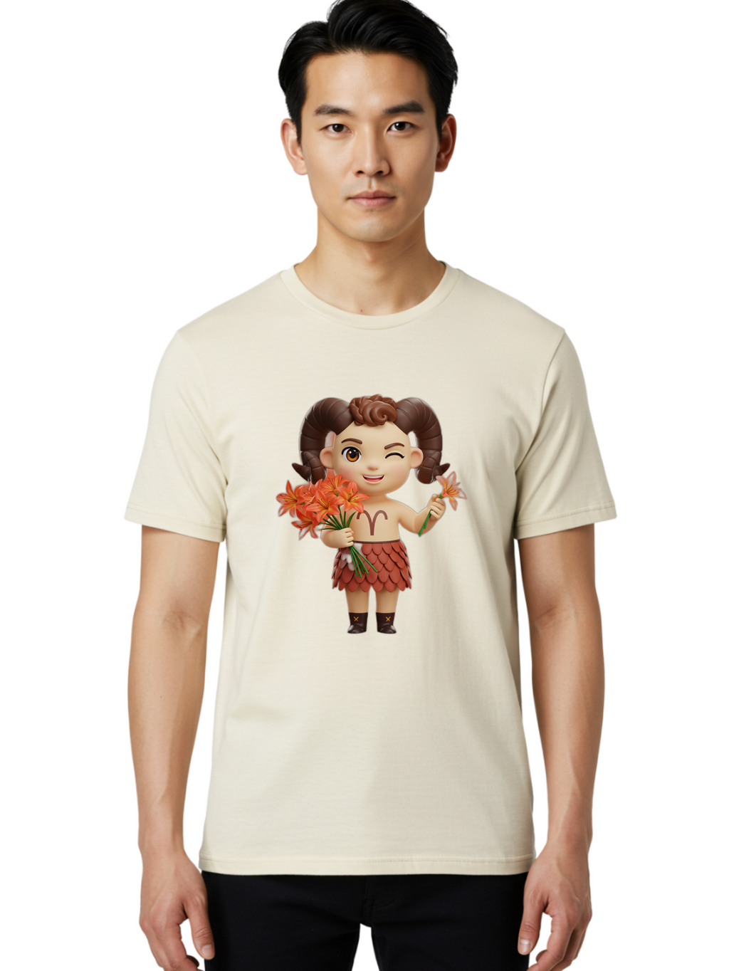 Aries-Zodiac-Character Men'S Graphic Tee, 100% Cotton, Comfortable Casual Summer Wear, Machine Washable, Cartoon Aries Zodiac Sign, Ram Horns, Astrology Symbol, Orange Flowers, Floral Arrangement, Zodiac Character Design, Fantasy Creature, Bae118
