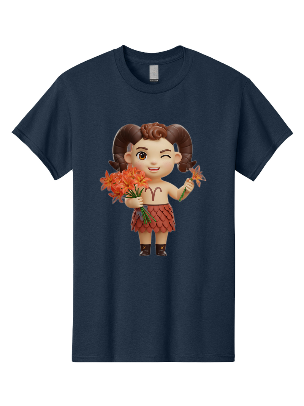 Aries-Zodiac-Character Men'S Graphic Tee, 100% Cotton, Comfortable Casual Summer Wear, Machine Washable, Cartoon Aries Zodiac Sign, Ram Horns, Astrology Symbol, Orange Flowers, Floral Arrangement, Zodiac Character Design, Fantasy Creature, Bae118