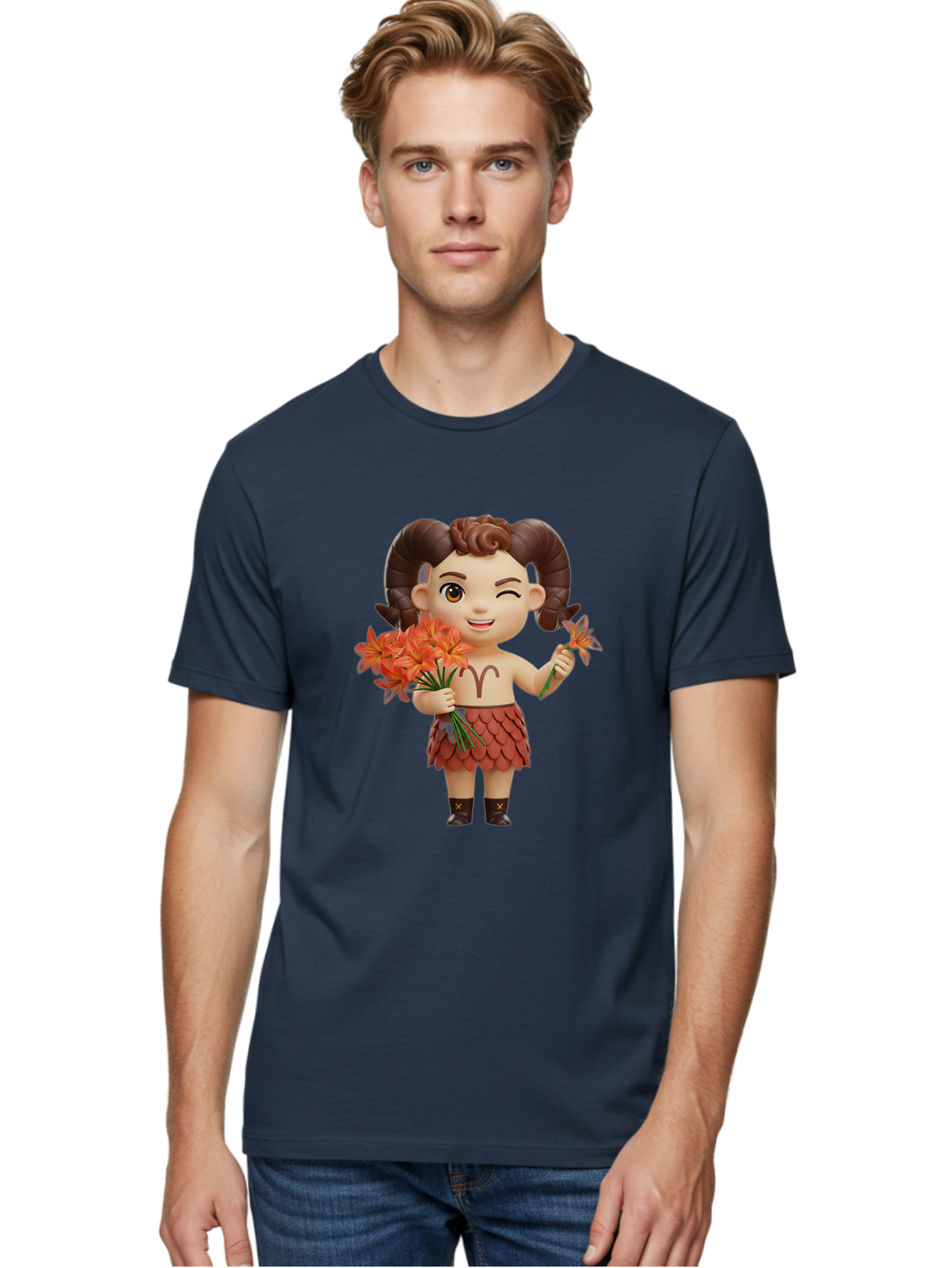 Aries-Zodiac-Character Men'S Graphic Tee, 100% Cotton, Comfortable Casual Summer Wear, Machine Washable, Cartoon Aries Zodiac Sign, Ram Horns, Astrology Symbol, Orange Flowers, Floral Arrangement, Zodiac Character Design, Fantasy Creature, Bae118