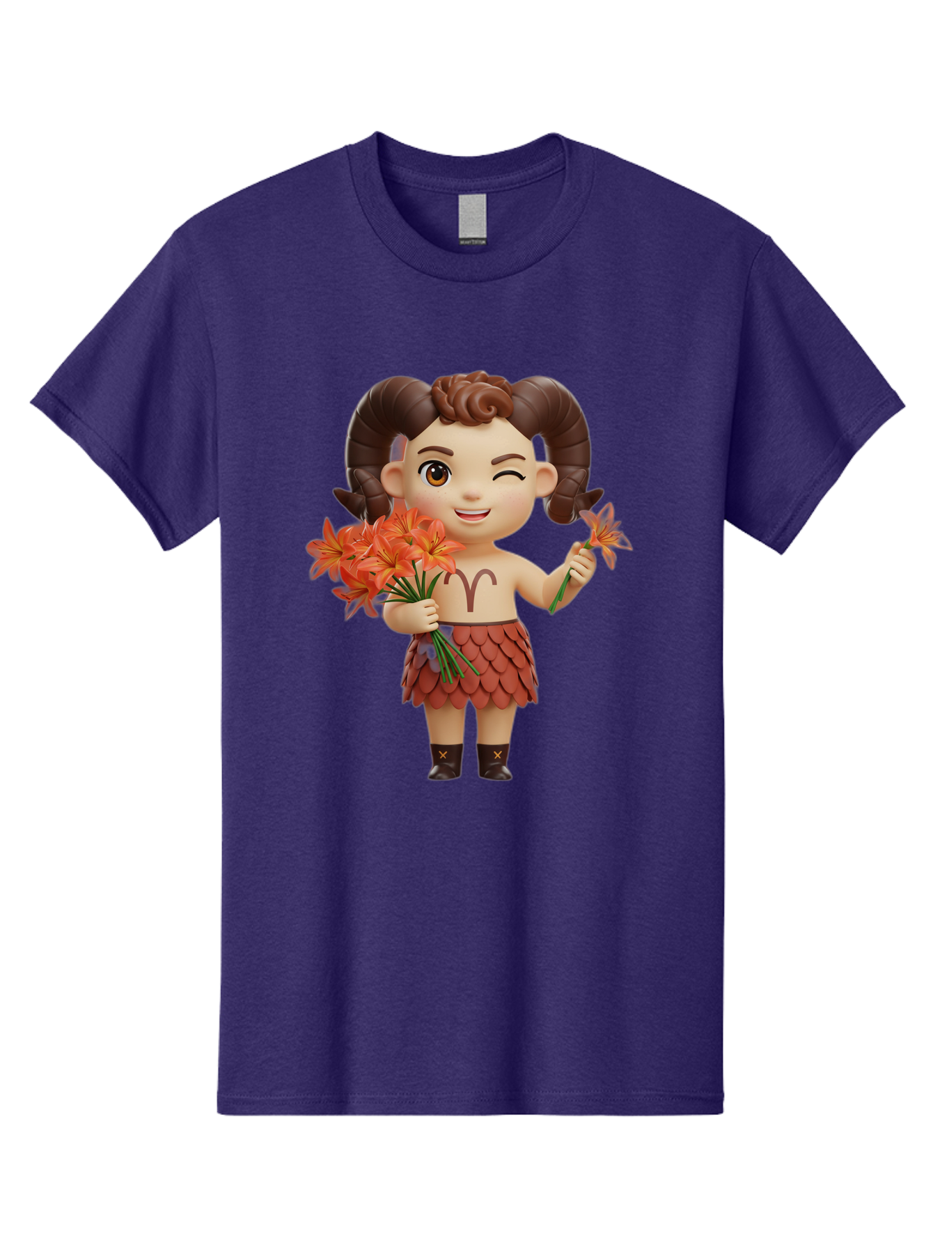 Aries-Zodiac-Character Men'S Graphic Tee, 100% Cotton, Comfortable Casual Summer Wear, Machine Washable, Cartoon Aries Zodiac Sign, Ram Horns, Astrology Symbol, Orange Flowers, Floral Arrangement, Zodiac Character Design, Fantasy Creature, Bae118