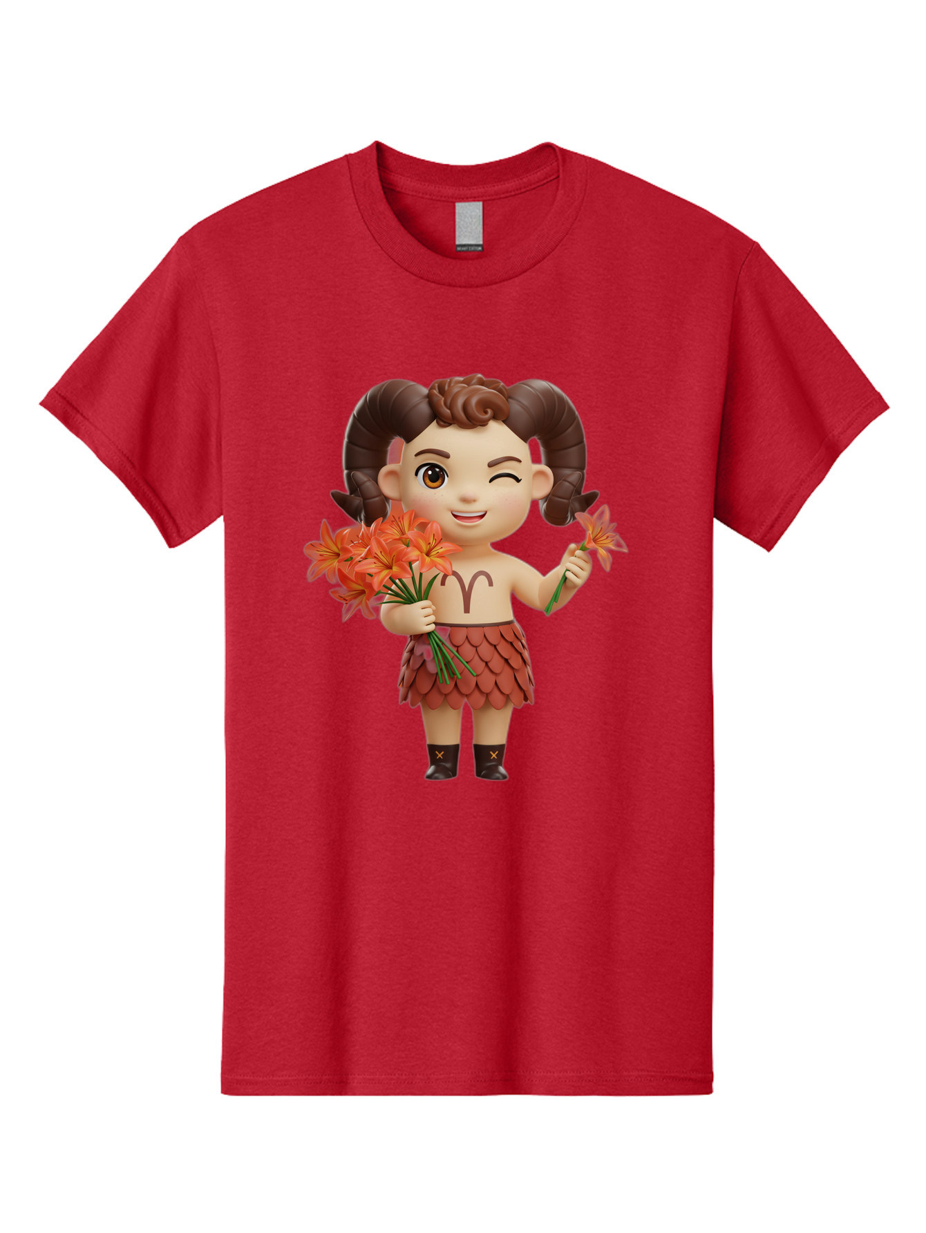 Aries-Zodiac-Character Men'S Graphic Tee, 100% Cotton, Comfortable Casual Summer Wear, Machine Washable, Cartoon Aries Zodiac Sign, Ram Horns, Astrology Symbol, Orange Flowers, Floral Arrangement, Zodiac Character Design, Fantasy Creature, Bae118