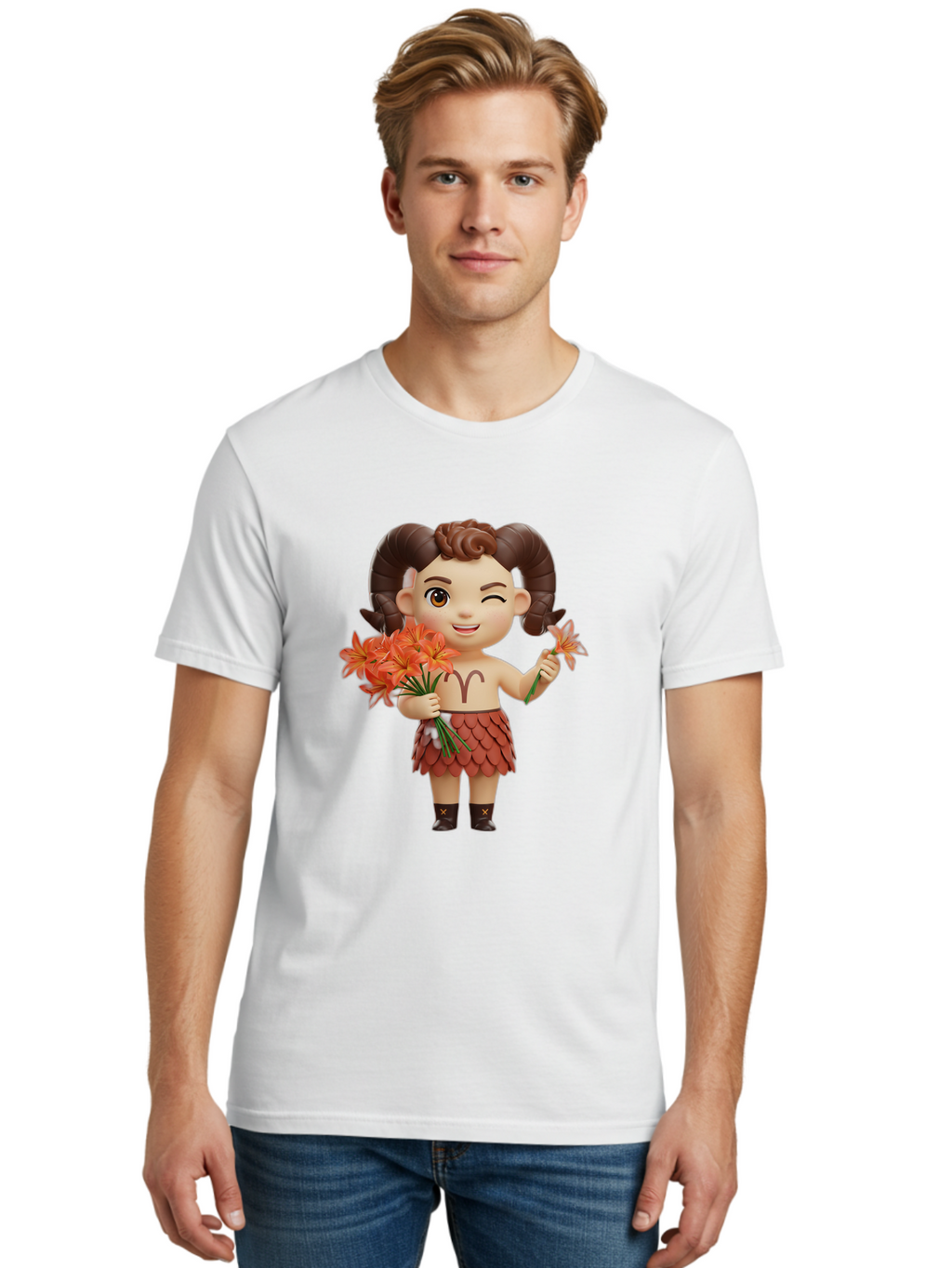 Aries-Zodiac-Character Men'S Graphic Tee, 100% Cotton, Comfortable Casual Summer Wear, Machine Washable, Cartoon Aries Zodiac Sign, Ram Horns, Astrology Symbol, Orange Flowers, Floral Arrangement, Zodiac Character Design, Fantasy Creature, Bae118