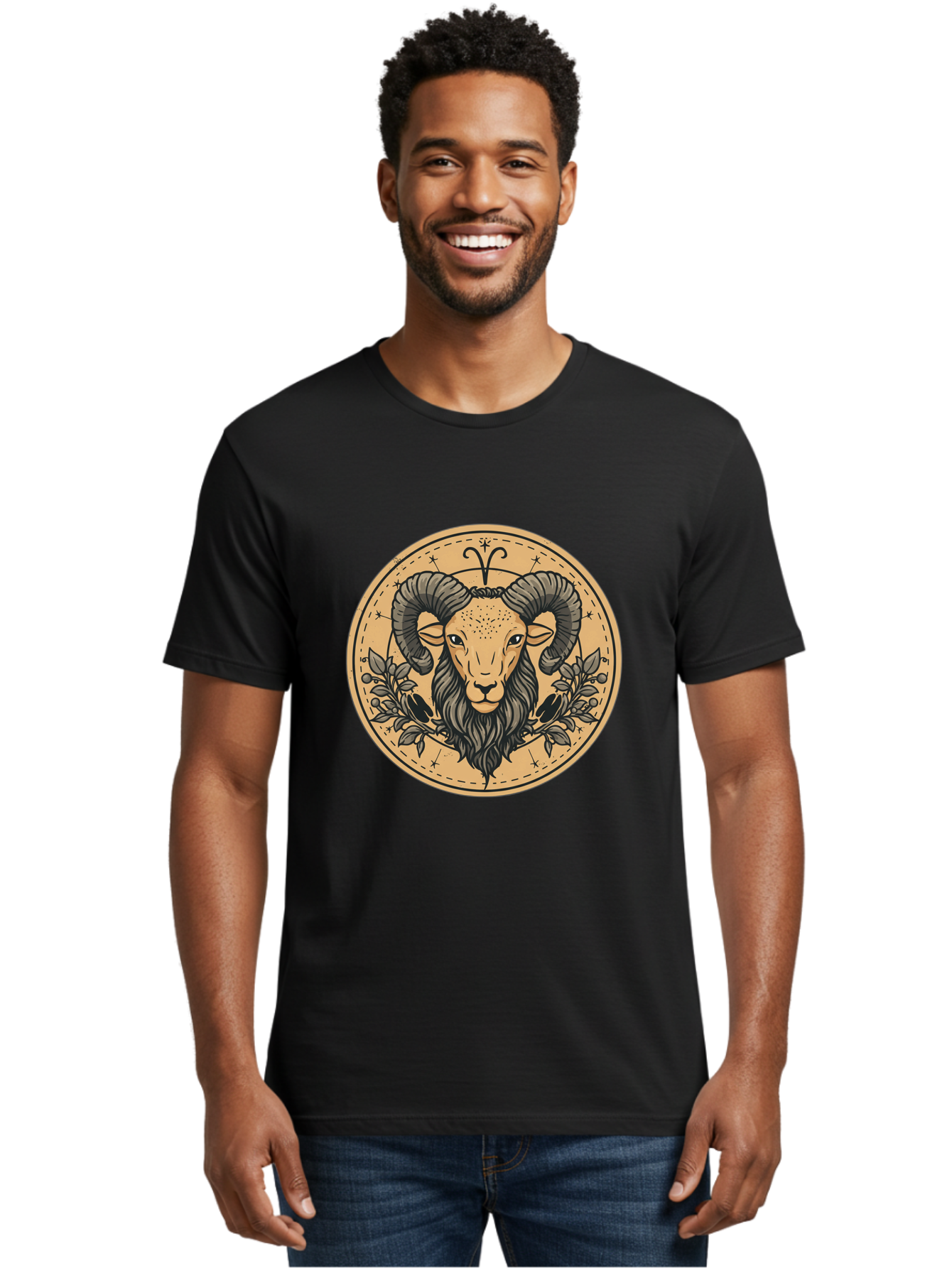 Aries-Zodiac-Sign-1 Men'S Graphic Tee, 100% Cotton, Comfortable Casual Summer Wear, Machine Washable, Aries Zodiac Sign, Ram Symbol, Astrological Illustration, Black And Beige Design, Floral Elements, Stars And Constellations, Bae119