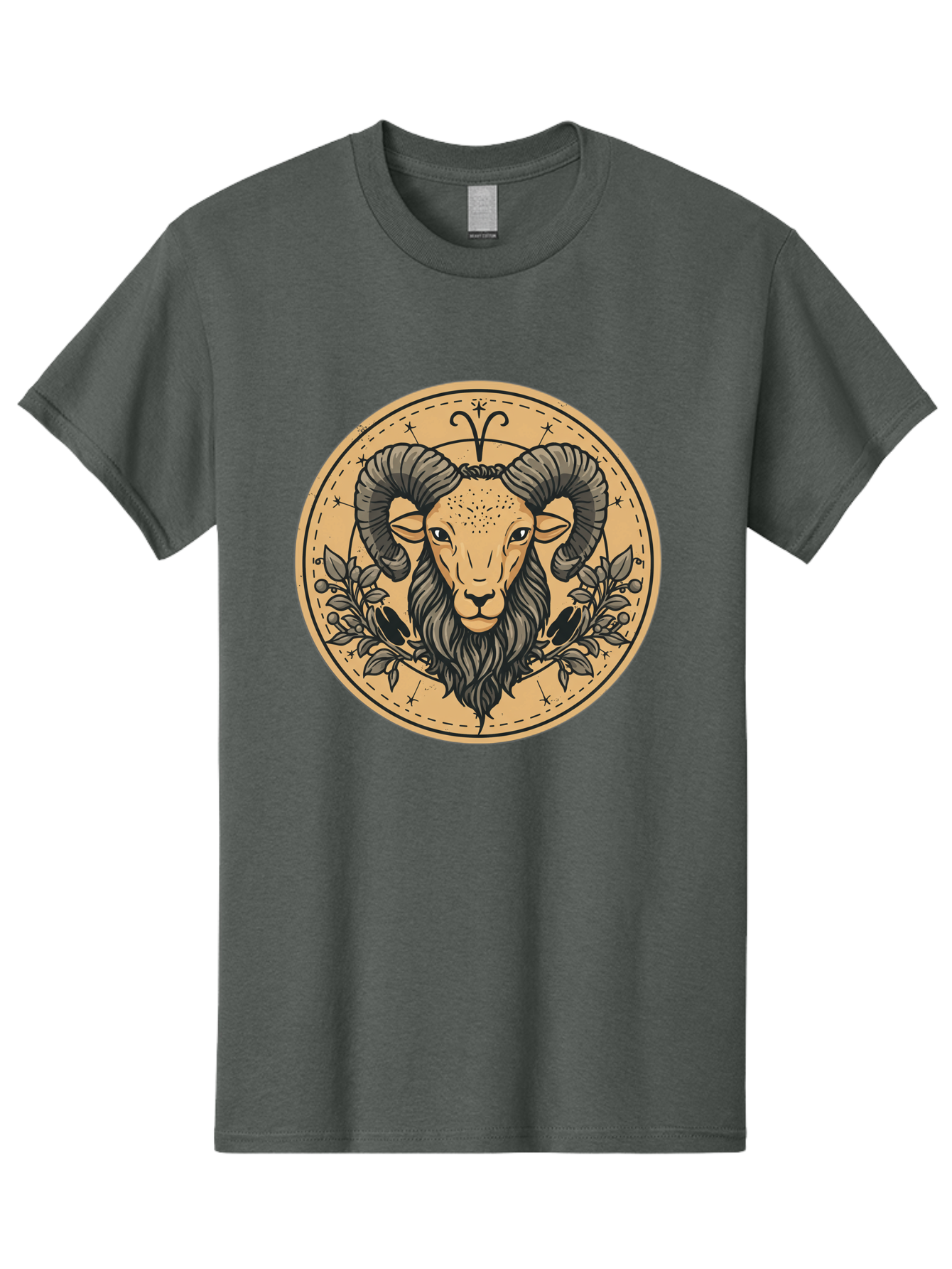 Aries-Zodiac-Sign-1 Men'S Graphic Tee, 100% Cotton, Comfortable Casual Summer Wear, Machine Washable, Aries Zodiac Sign, Ram Symbol, Astrological Illustration, Black And Beige Design, Floral Elements, Stars And Constellations, Bae119