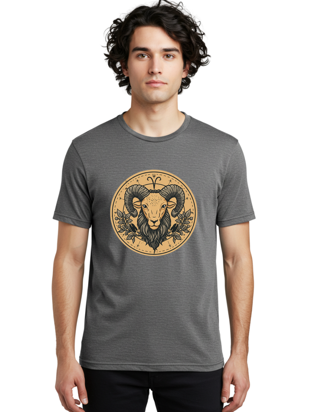 Aries-Zodiac-Sign-1 Men'S Graphic Tee, 100% Cotton, Comfortable Casual Summer Wear, Machine Washable, Aries Zodiac Sign, Ram Symbol, Astrological Illustration, Black And Beige Design, Floral Elements, Stars And Constellations, Bae119