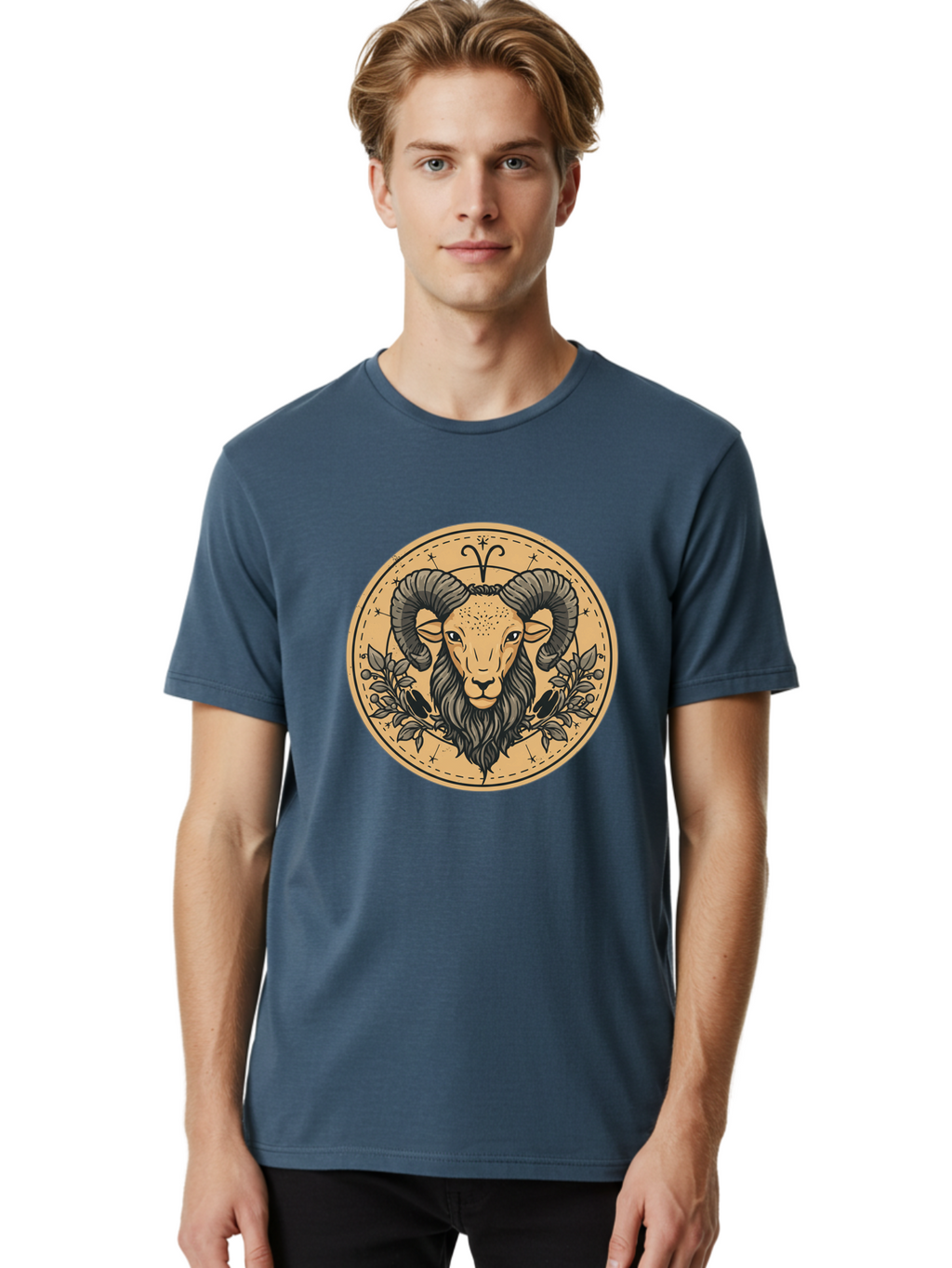 Aries-Zodiac-Sign-1 Men'S Graphic Tee, 100% Cotton, Comfortable Casual Summer Wear, Machine Washable, Aries Zodiac Sign, Ram Symbol, Astrological Illustration, Black And Beige Design, Floral Elements, Stars And Constellations, Bae119