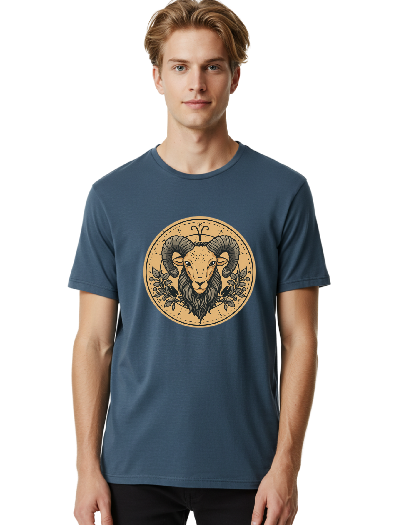 Aries-Zodiac-Sign-1 Men'S Graphic Tee, 100% Cotton, Comfortable Casual Summer Wear, Machine Washable, Aries Zodiac Sign, Ram Symbol, Astrological Illustration, Black And Beige Design, Floral Elements, Stars And Constellations, Bae119