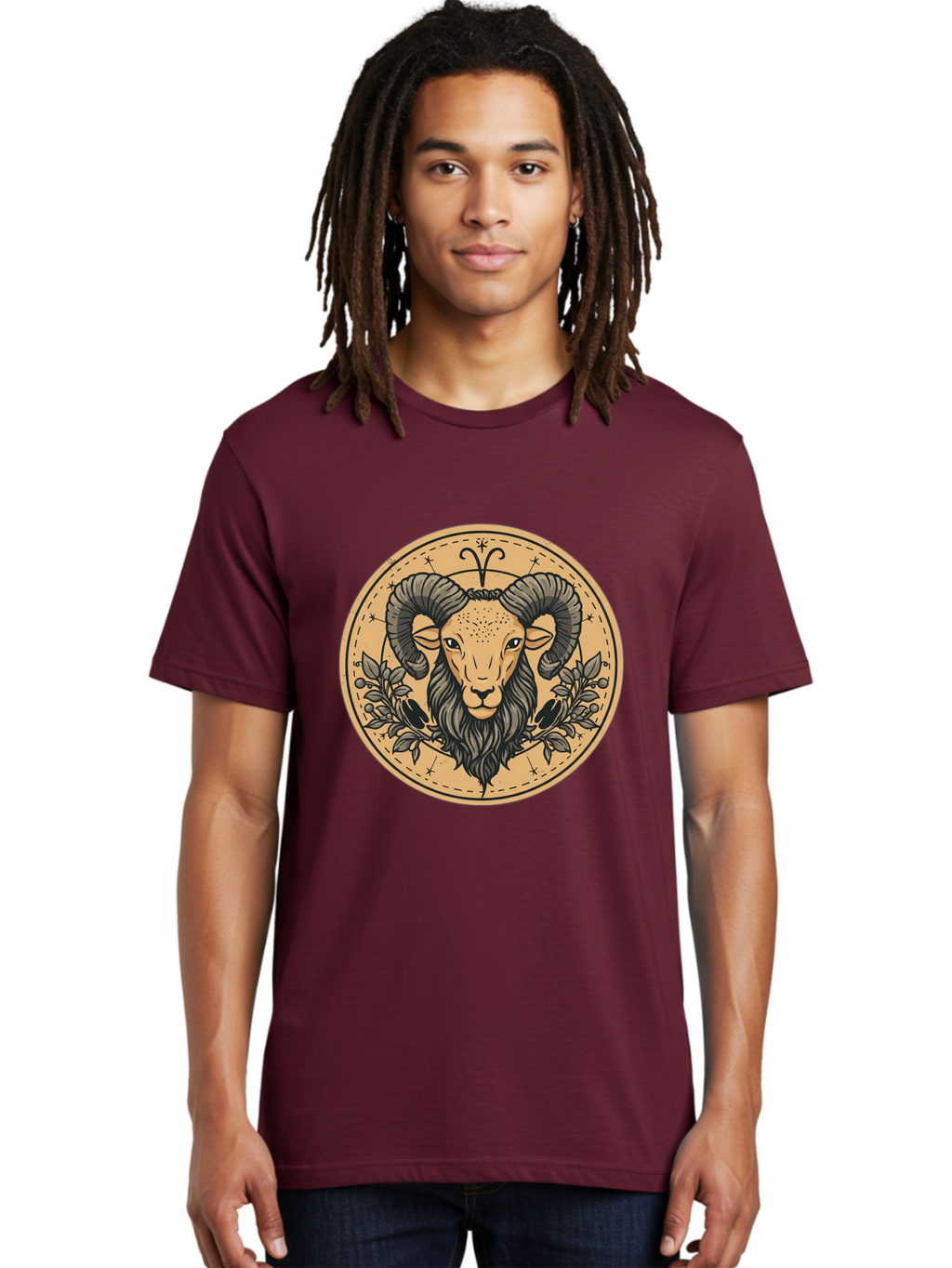Aries-Zodiac-Sign-1 Men'S Graphic Tee, 100% Cotton, Comfortable Casual Summer Wear, Machine Washable, Aries Zodiac Sign, Ram Symbol, Astrological Illustration, Black And Beige Design, Floral Elements, Stars And Constellations, Bae119