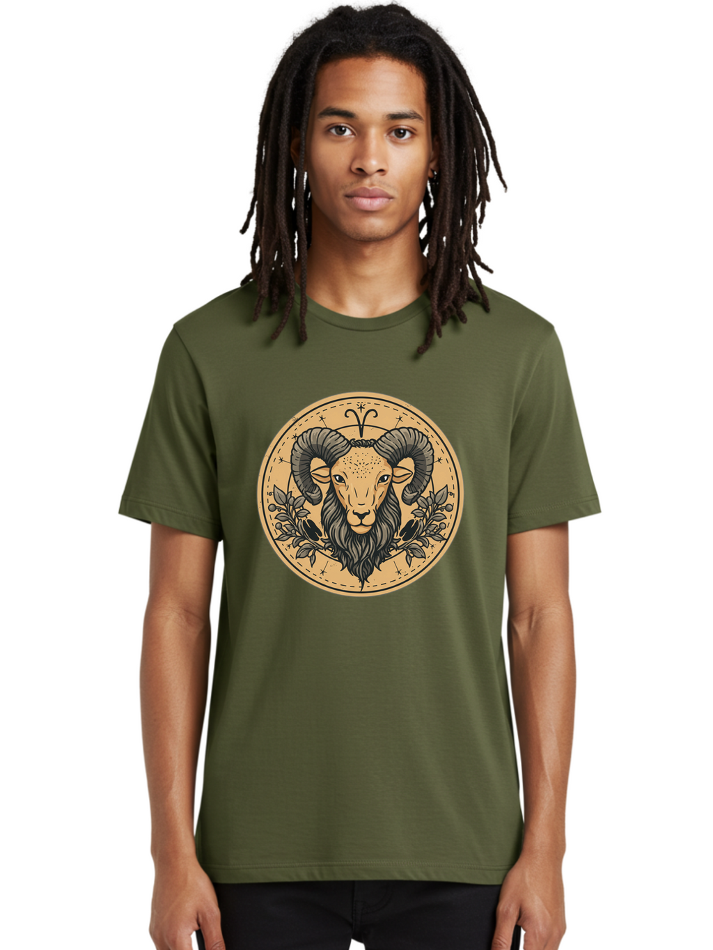 Aries-Zodiac-Sign-1 Men'S Graphic Tee, 100% Cotton, Comfortable Casual Summer Wear, Machine Washable, Aries Zodiac Sign, Ram Symbol, Astrological Illustration, Black And Beige Design, Floral Elements, Stars And Constellations, Bae119