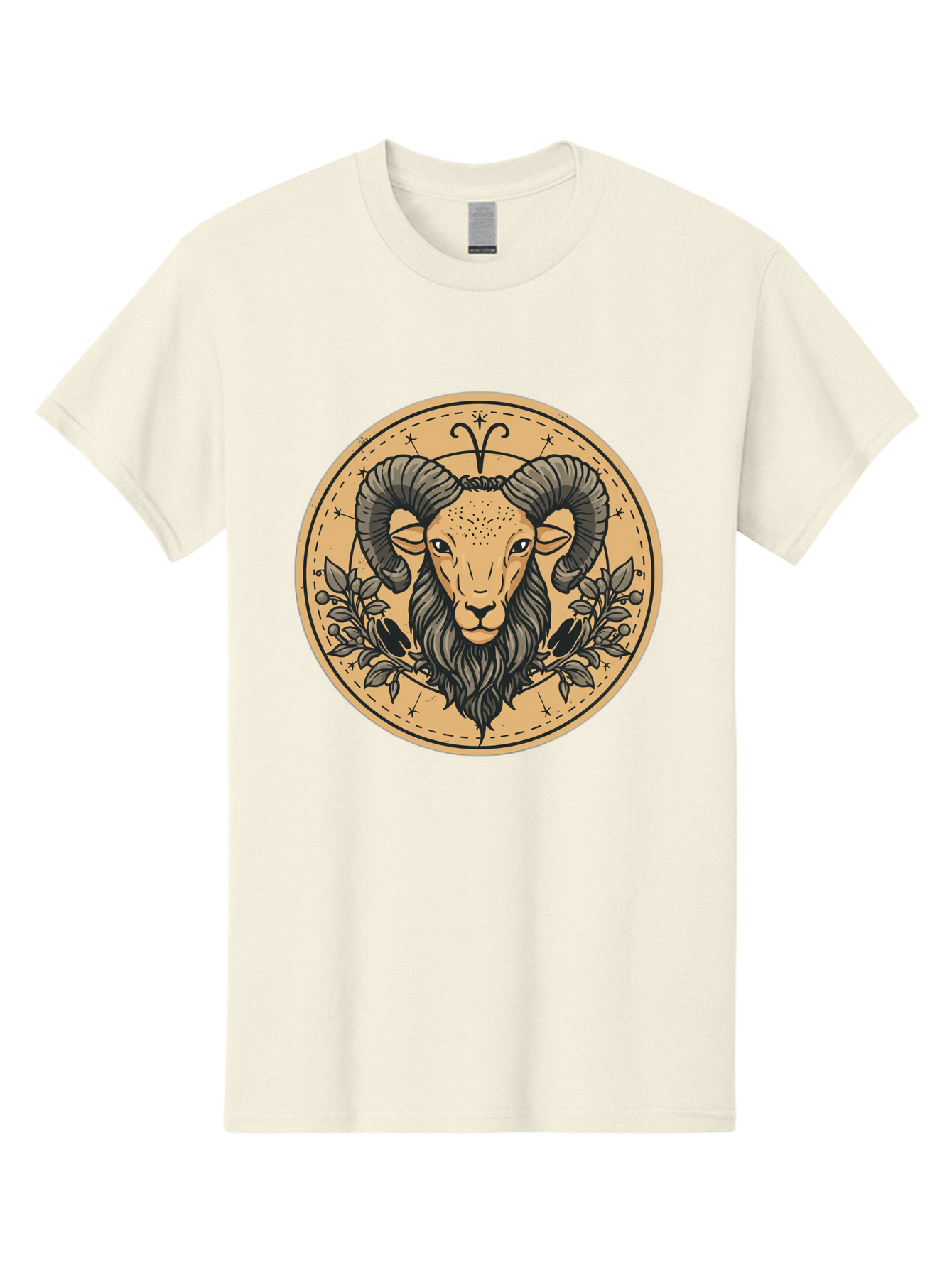 Aries-Zodiac-Sign-1 Men'S Graphic Tee, 100% Cotton, Comfortable Casual Summer Wear, Machine Washable, Aries Zodiac Sign, Ram Symbol, Astrological Illustration, Black And Beige Design, Floral Elements, Stars And Constellations, Bae119