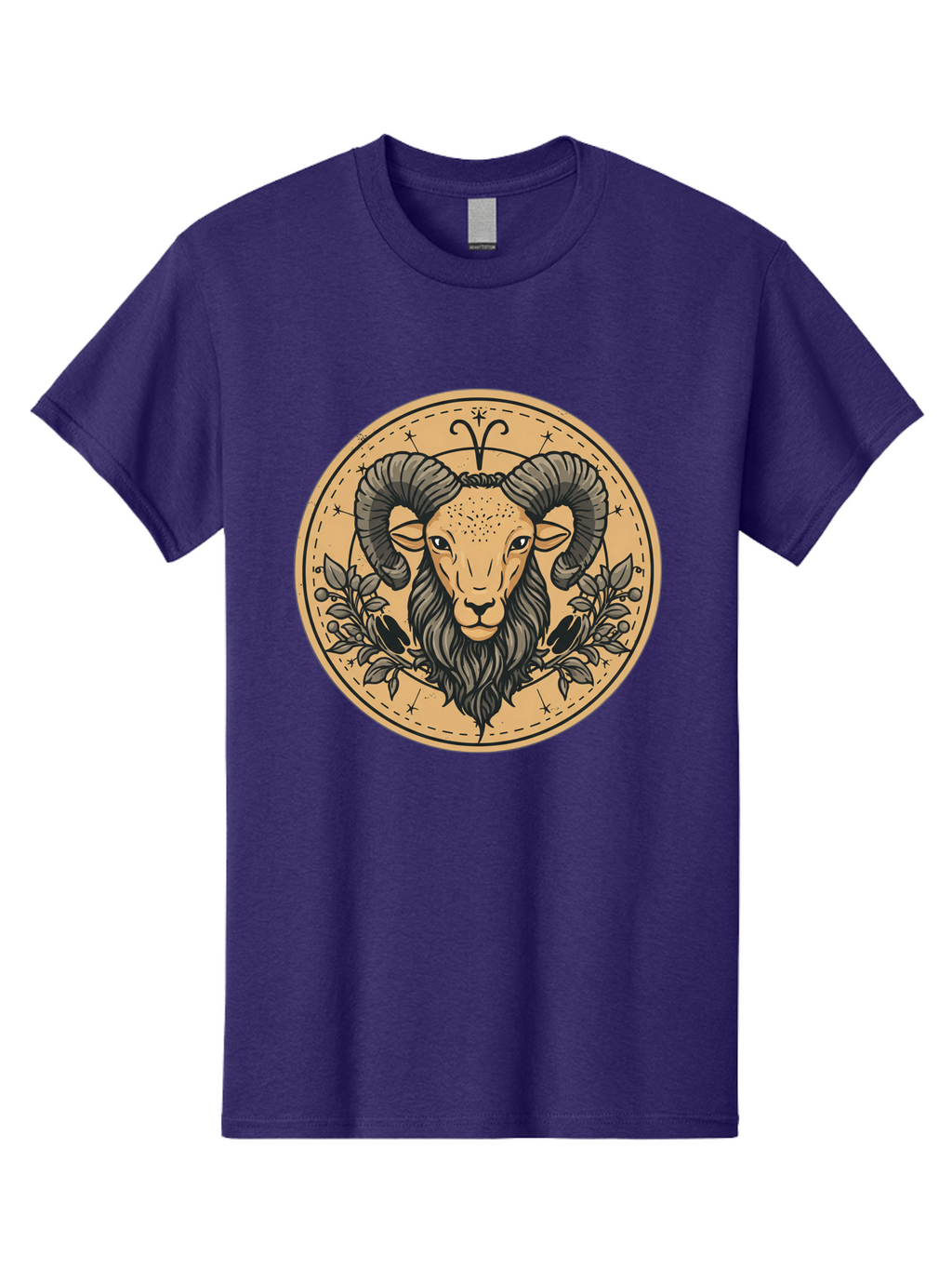 Aries-Zodiac-Sign-1 Men'S Graphic Tee, 100% Cotton, Comfortable Casual Summer Wear, Machine Washable, Aries Zodiac Sign, Ram Symbol, Astrological Illustration, Black And Beige Design, Floral Elements, Stars And Constellations, Bae119