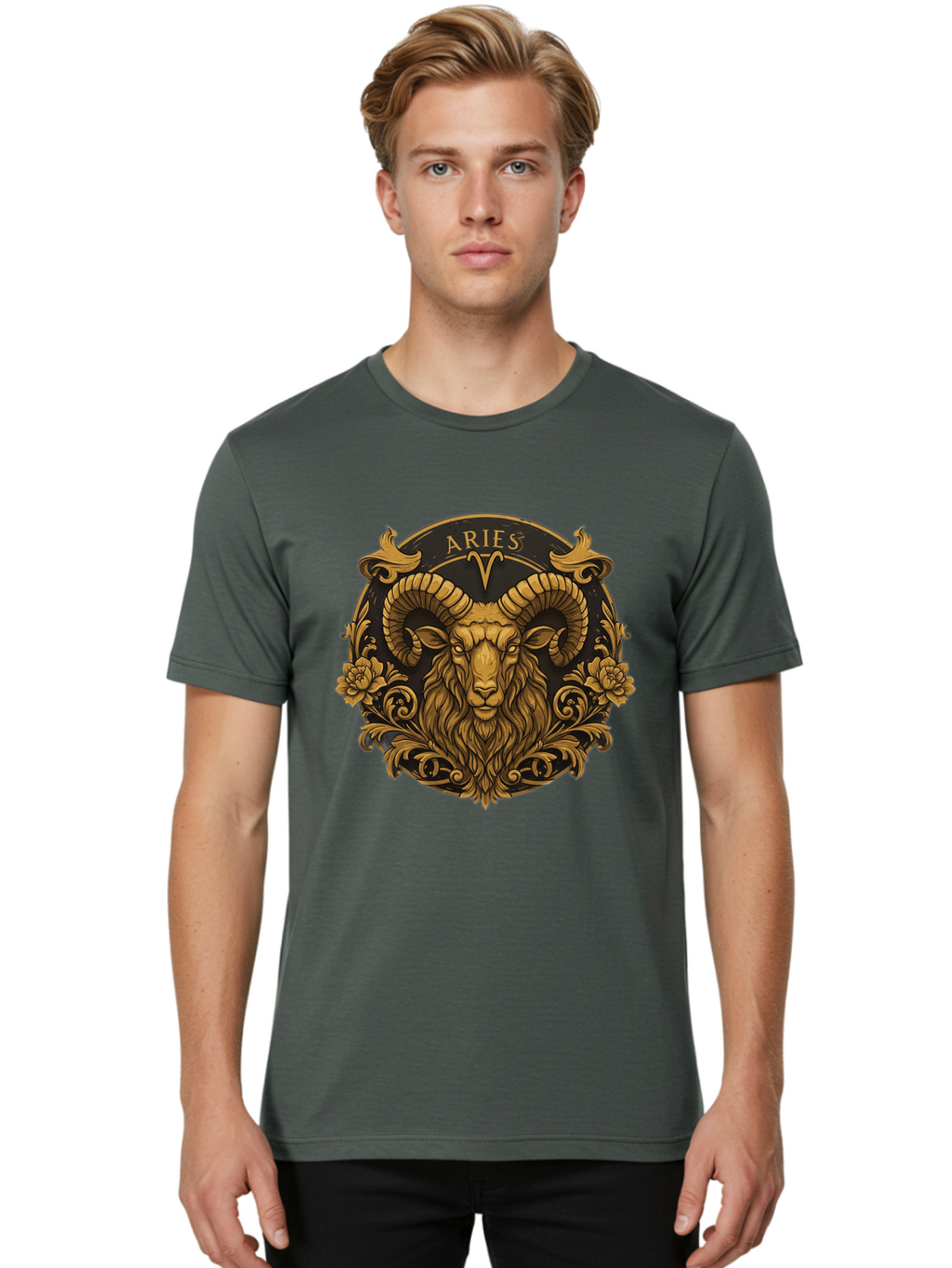 Aries-Zodiac-Sign Men'S Graphic Tee, 100% Cotton, Comfortable Casual Summer Wear, Machine Washable, Golden Ram Head, Aries Symbol, Zodiac Sign, Horoscope, Astrology, Mystical, Mystical Creatures, Gold Ornamentation, Floral Patterns, Bae120