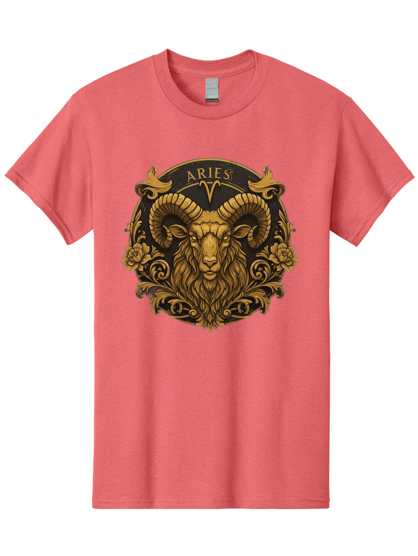 Aries-Zodiac-Sign Men'S Graphic Tee, 100% Cotton, Comfortable Casual Summer Wear, Machine Washable, Golden Ram Head, Aries Symbol, Zodiac Sign, Horoscope, Astrology, Mystical, Mystical Creatures, Gold Ornamentation, Floral Patterns, Bae120