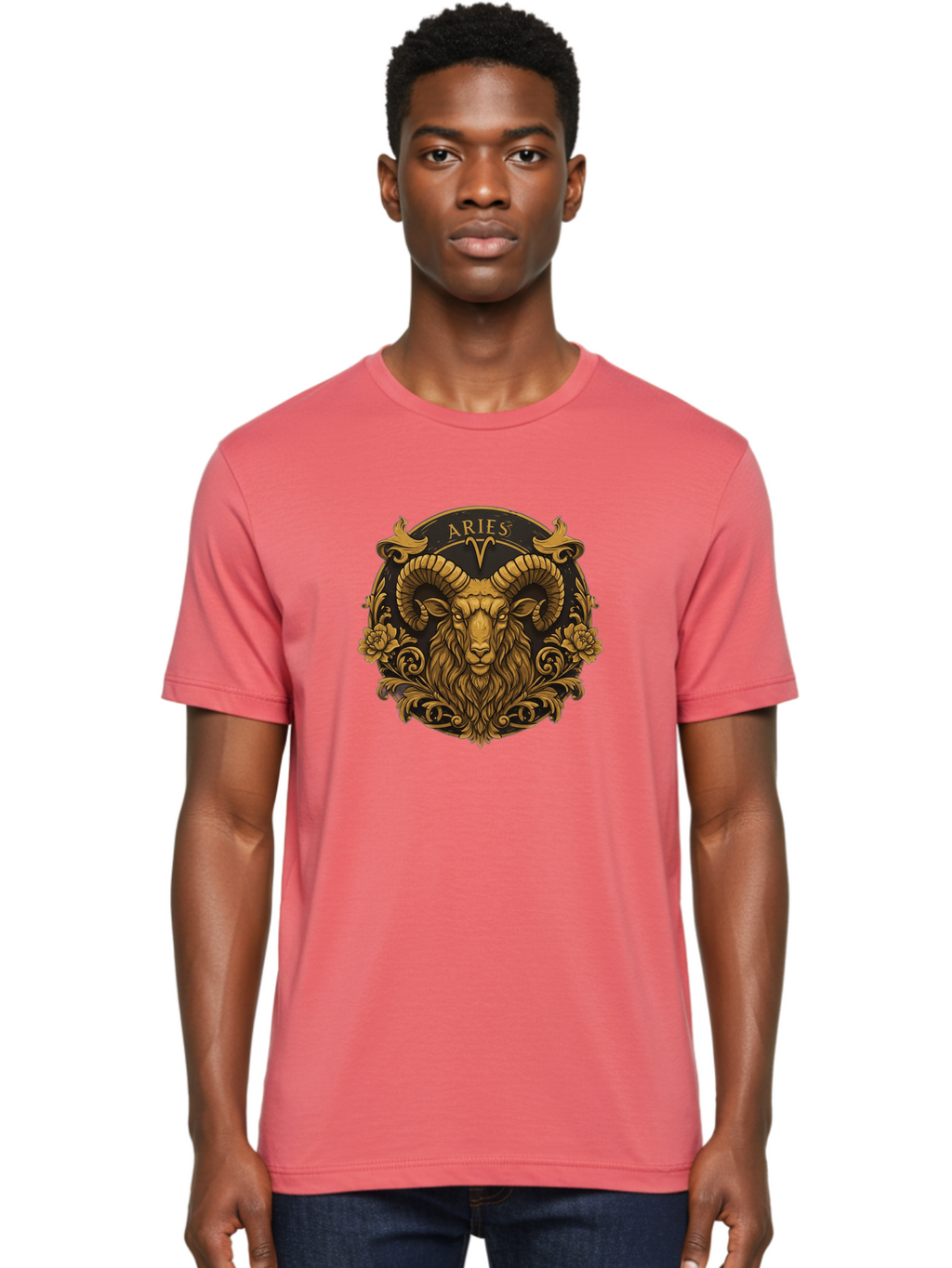 Aries-Zodiac-Sign Men'S Graphic Tee, 100% Cotton, Comfortable Casual Summer Wear, Machine Washable, Golden Ram Head, Aries Symbol, Zodiac Sign, Horoscope, Astrology, Mystical, Mystical Creatures, Gold Ornamentation, Floral Patterns, Bae120