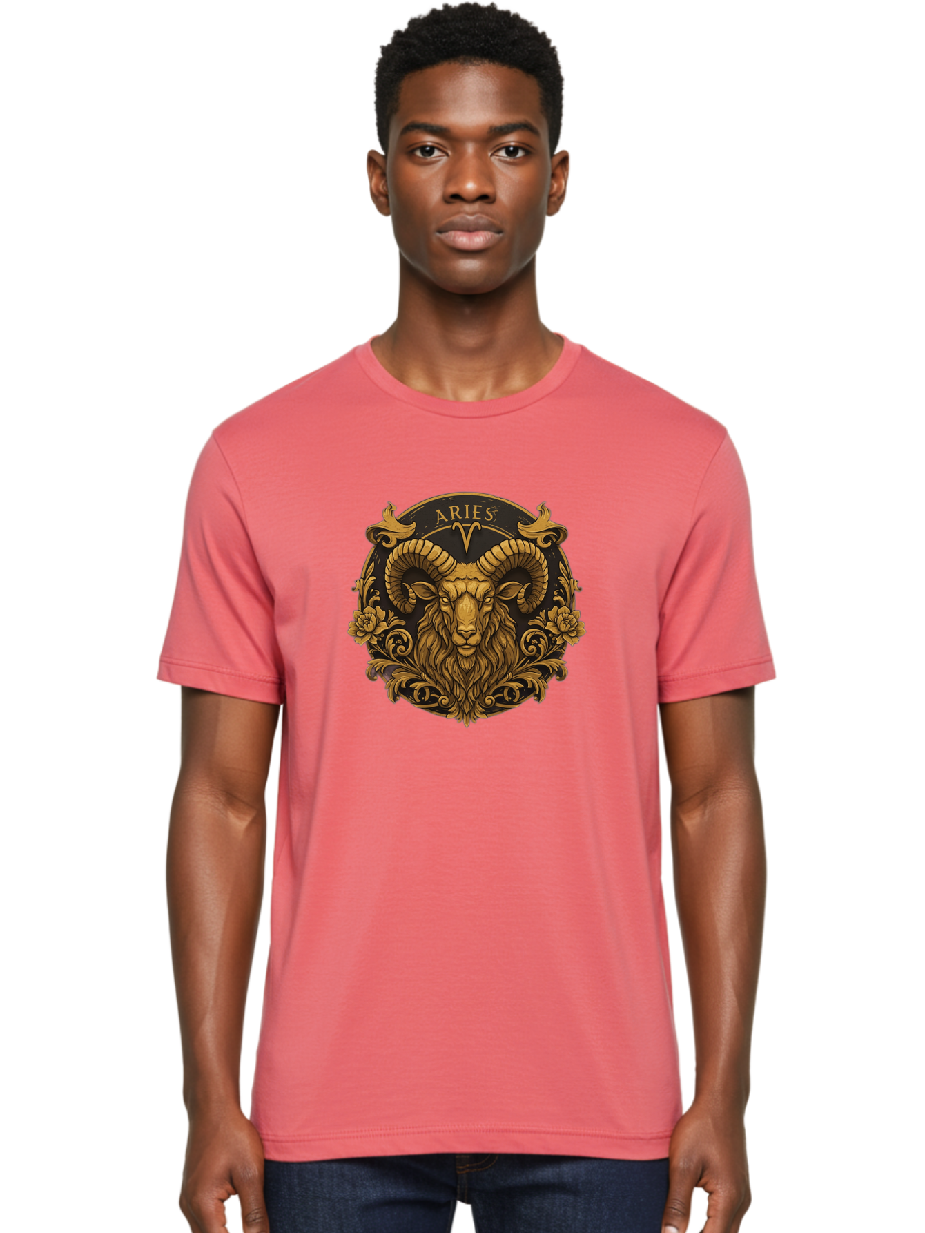 Aries-Zodiac-Sign Men'S Graphic Tee, 100% Cotton, Comfortable Casual Summer Wear, Machine Washable, Golden Ram Head, Aries Symbol, Zodiac Sign, Horoscope, Astrology, Mystical, Mystical Creatures, Gold Ornamentation, Floral Patterns, Bae120
