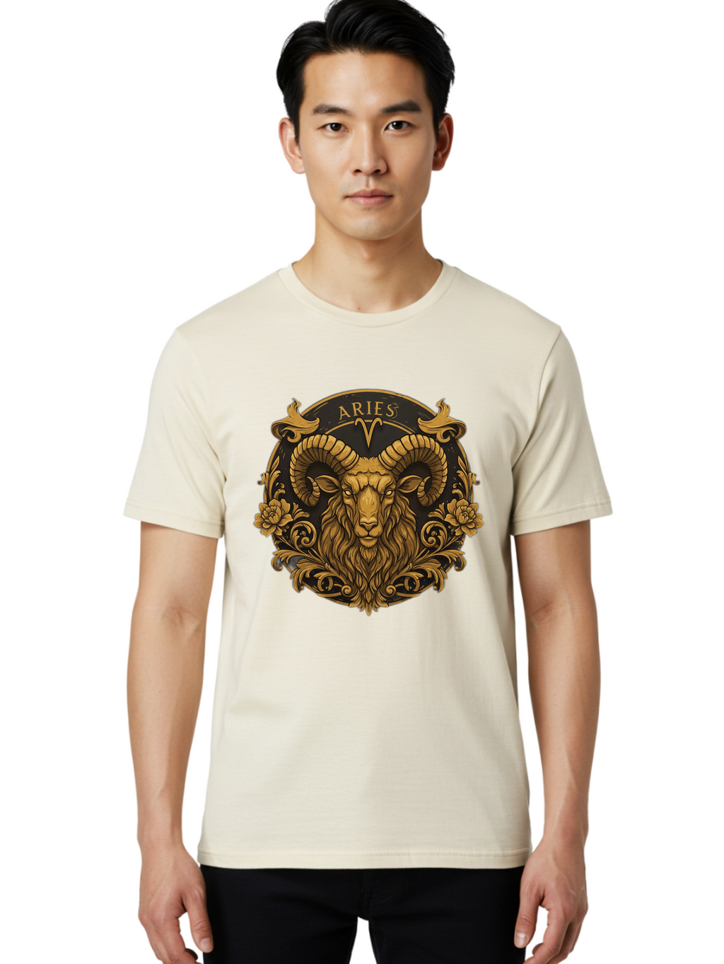Aries-Zodiac-Sign Men'S Graphic Tee, 100% Cotton, Comfortable Casual Summer Wear, Machine Washable, Golden Ram Head, Aries Symbol, Zodiac Sign, Horoscope, Astrology, Mystical, Mystical Creatures, Gold Ornamentation, Floral Patterns, Bae120