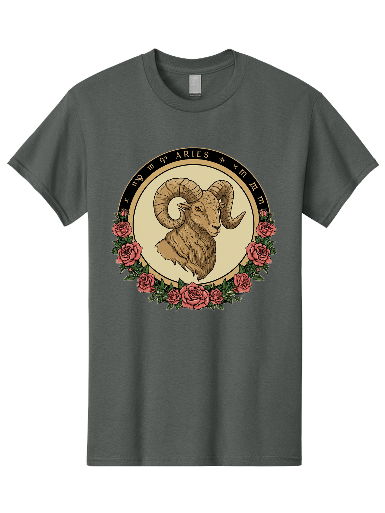 Aries Men'S Graphic Tee, 100% Cotton, Comfortable Casual Summer Wear, Machine Washable, Ram Illustration, Aries Zodiac Sign, Astrology Symbol, Roses, Floral Design, Horoscope, Mystical, Esoteric Art, Zodiac Wheel, Astrological Sign Bae121