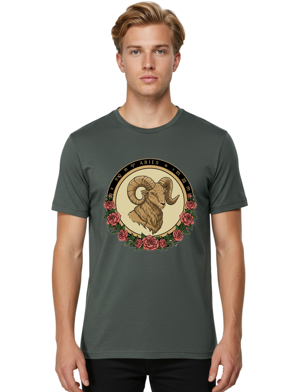 Aries Men'S Graphic Tee, 100% Cotton, Comfortable Casual Summer Wear, Machine Washable, Ram Illustration, Aries Zodiac Sign, Astrology Symbol, Roses, Floral Design, Horoscope, Mystical, Esoteric Art, Zodiac Wheel, Astrological Sign Bae121
