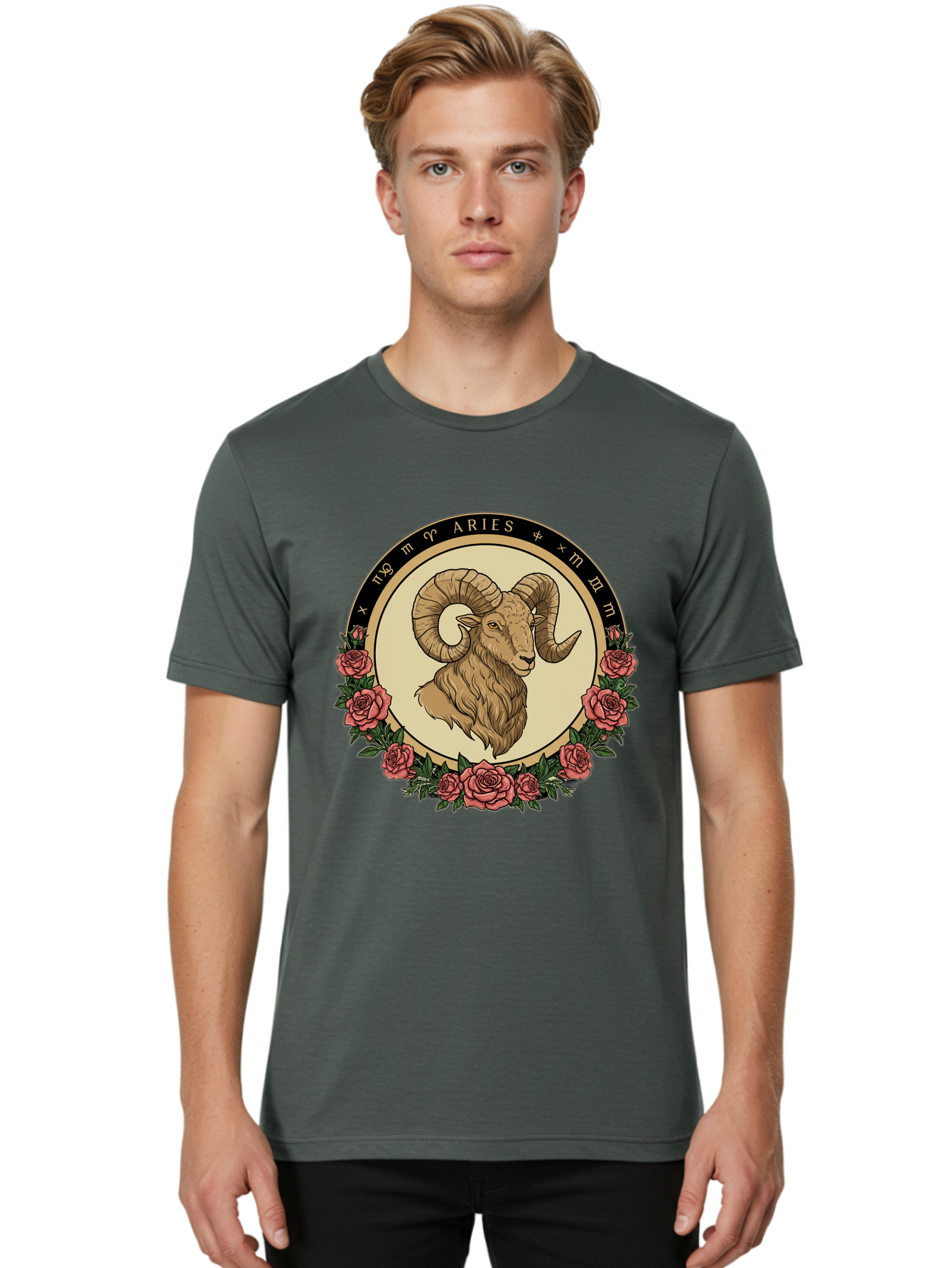Aries Men'S Graphic Tee, 100% Cotton, Comfortable Casual Summer Wear, Machine Washable, Ram Illustration, Aries Zodiac Sign, Astrology Symbol, Roses, Floral Design, Horoscope, Mystical, Esoteric Art, Zodiac Wheel, Astrological Sign Bae121