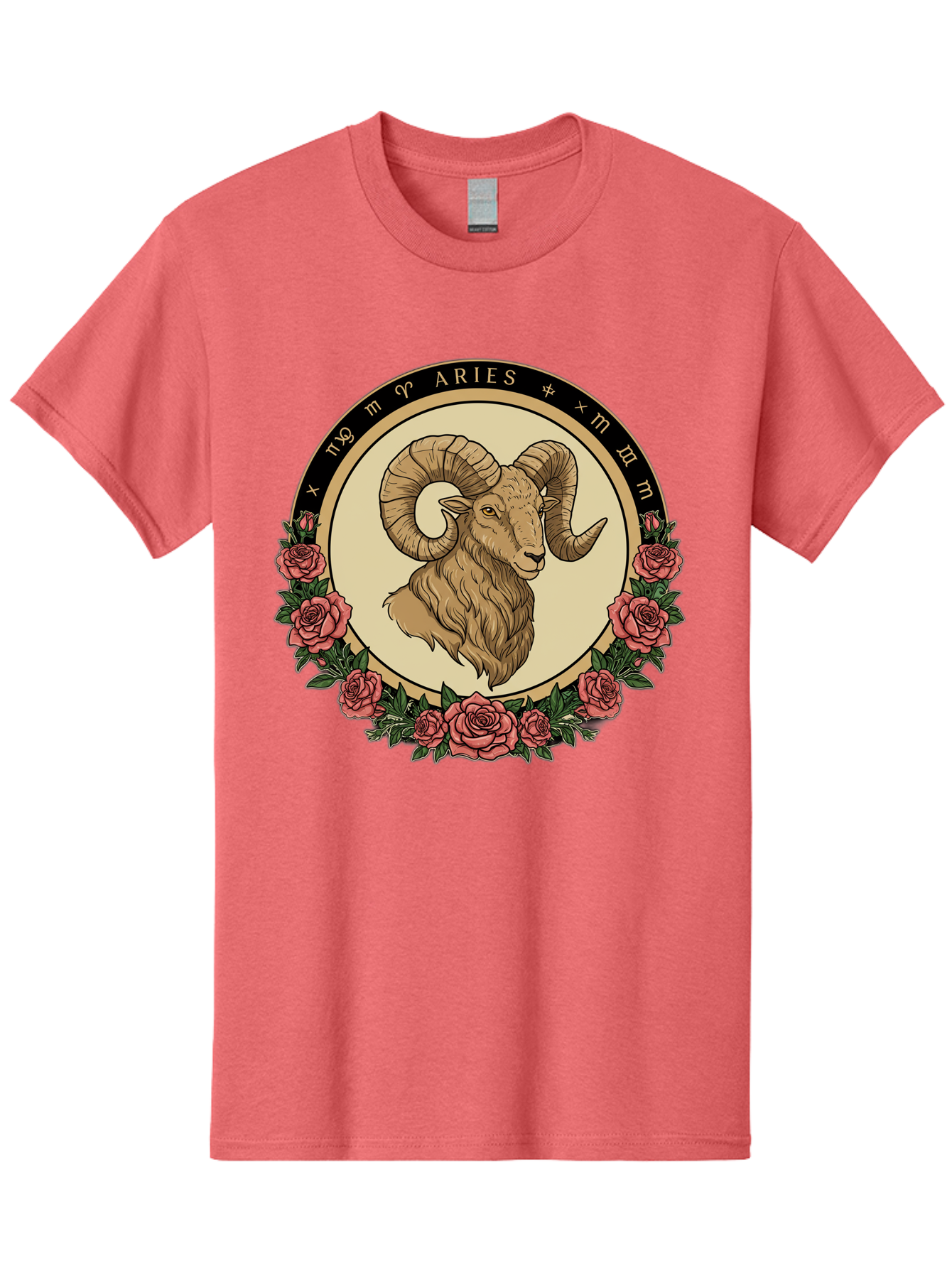 Aries Men'S Graphic Tee, 100% Cotton, Comfortable Casual Summer Wear, Machine Washable, Ram Illustration, Aries Zodiac Sign, Astrology Symbol, Roses, Floral Design, Horoscope, Mystical, Esoteric Art, Zodiac Wheel, Astrological Sign Bae121