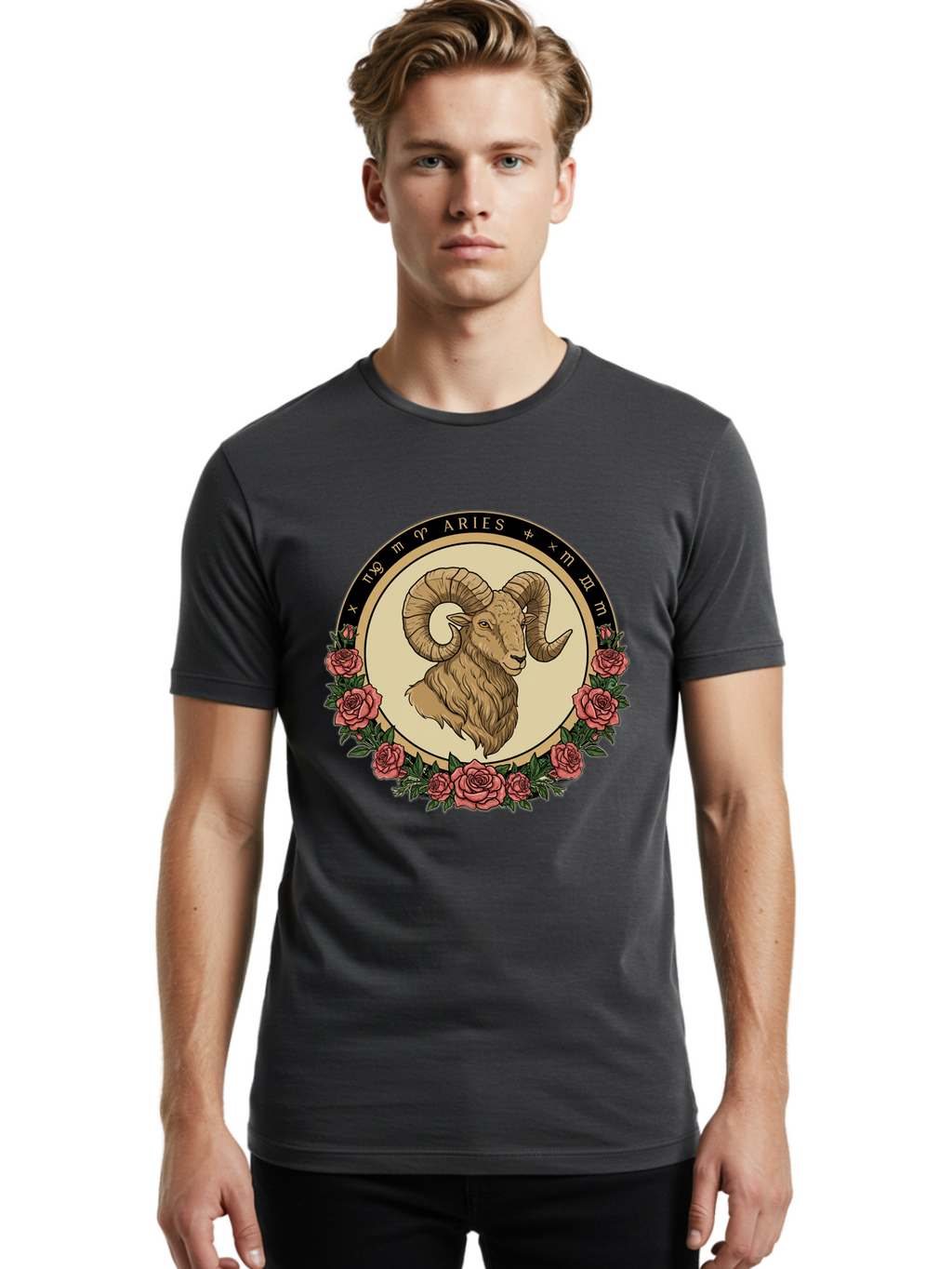 Aries Men'S Graphic Tee, 100% Cotton, Comfortable Casual Summer Wear, Machine Washable, Ram Illustration, Aries Zodiac Sign, Astrology Symbol, Roses, Floral Design, Horoscope, Mystical, Esoteric Art, Zodiac Wheel, Astrological Sign Bae121