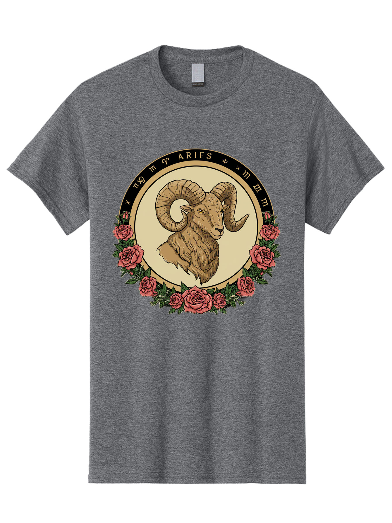 Aries Men'S Graphic Tee, 100% Cotton, Comfortable Casual Summer Wear, Machine Washable, Ram Illustration, Aries Zodiac Sign, Astrology Symbol, Roses, Floral Design, Horoscope, Mystical, Esoteric Art, Zodiac Wheel, Astrological Sign Bae121