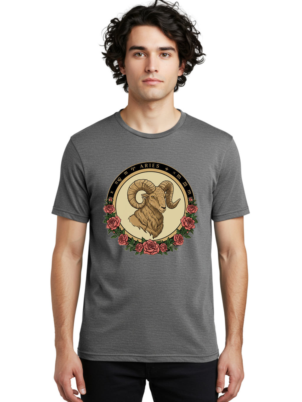 Aries Men'S Graphic Tee, 100% Cotton, Comfortable Casual Summer Wear, Machine Washable, Ram Illustration, Aries Zodiac Sign, Astrology Symbol, Roses, Floral Design, Horoscope, Mystical, Esoteric Art, Zodiac Wheel, Astrological Sign Bae121