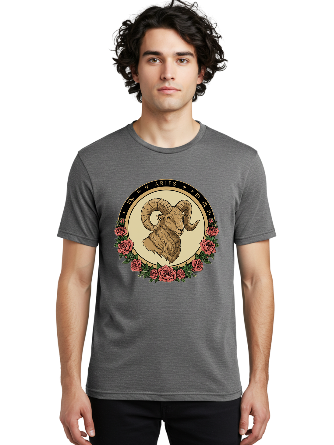 Aries Men'S Graphic Tee, 100% Cotton, Comfortable Casual Summer Wear, Machine Washable, Ram Illustration, Aries Zodiac Sign, Astrology Symbol, Roses, Floral Design, Horoscope, Mystical, Esoteric Art, Zodiac Wheel, Astrological Sign Bae121