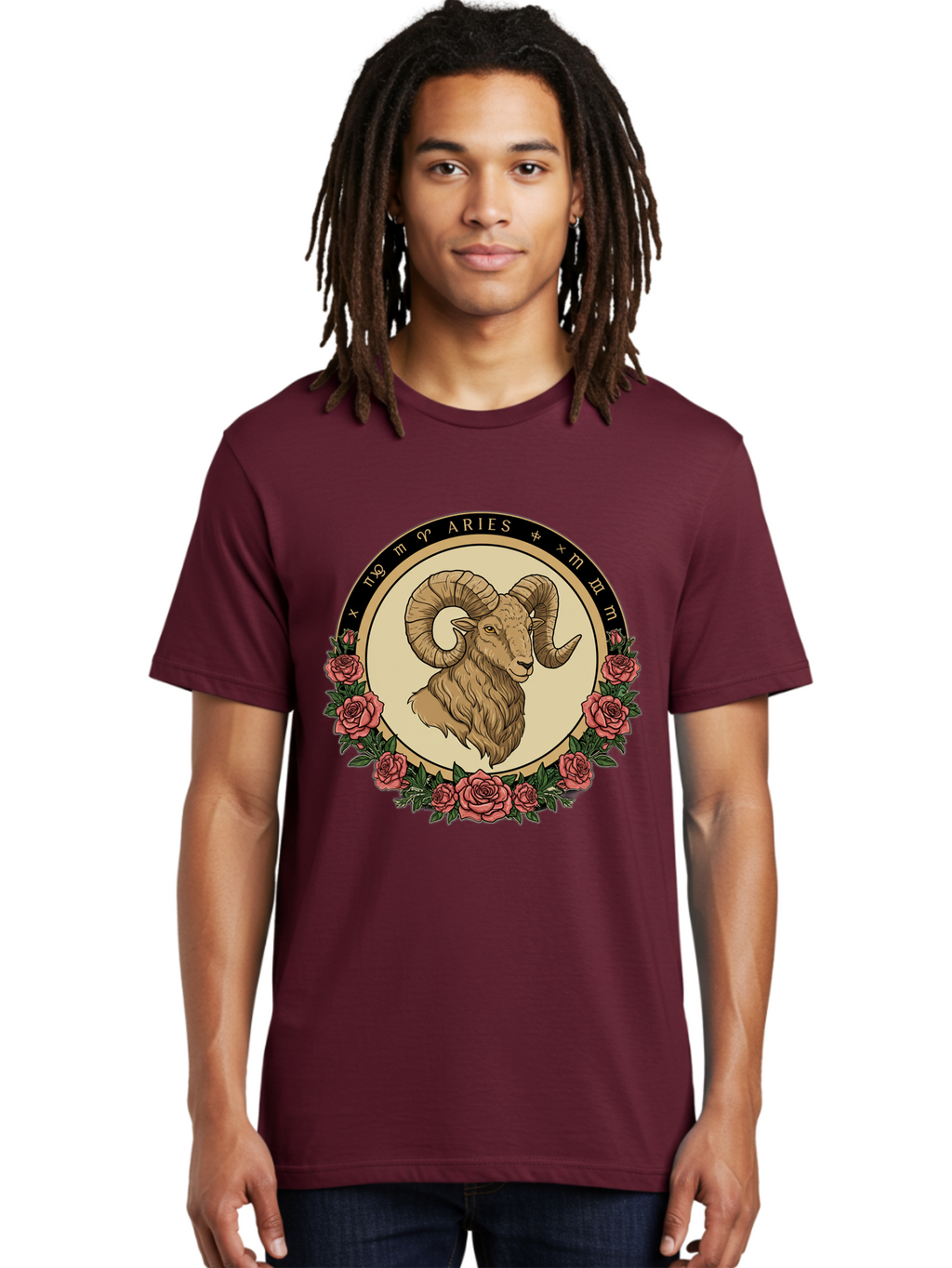 Aries Men'S Graphic Tee, 100% Cotton, Comfortable Casual Summer Wear, Machine Washable, Ram Illustration, Aries Zodiac Sign, Astrology Symbol, Roses, Floral Design, Horoscope, Mystical, Esoteric Art, Zodiac Wheel, Astrological Sign Bae121
