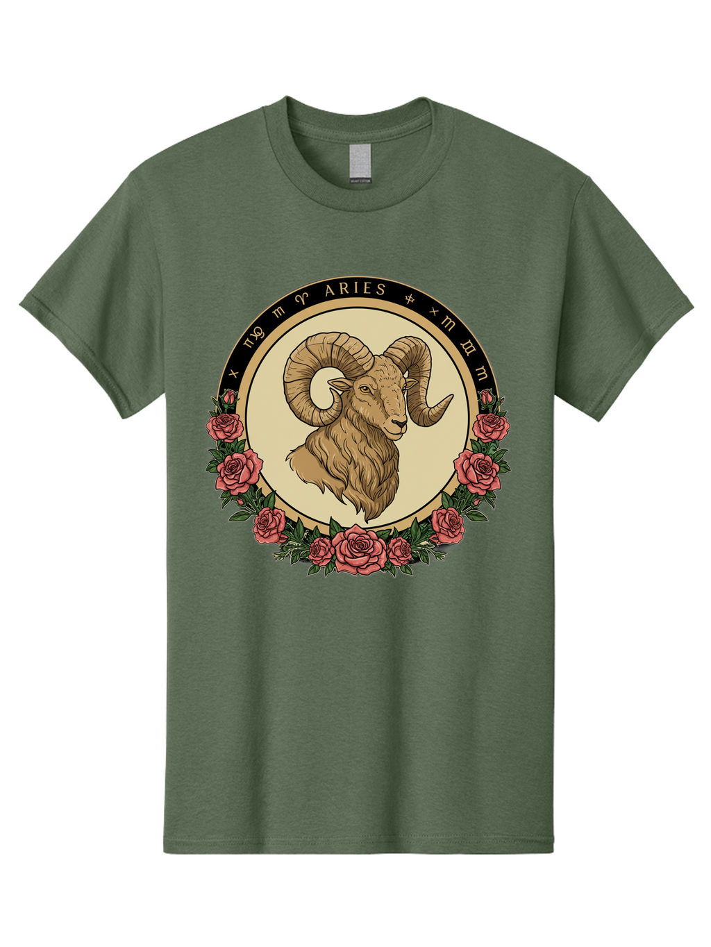 Aries Men'S Graphic Tee, 100% Cotton, Comfortable Casual Summer Wear, Machine Washable, Ram Illustration, Aries Zodiac Sign, Astrology Symbol, Roses, Floral Design, Horoscope, Mystical, Esoteric Art, Zodiac Wheel, Astrological Sign Bae121