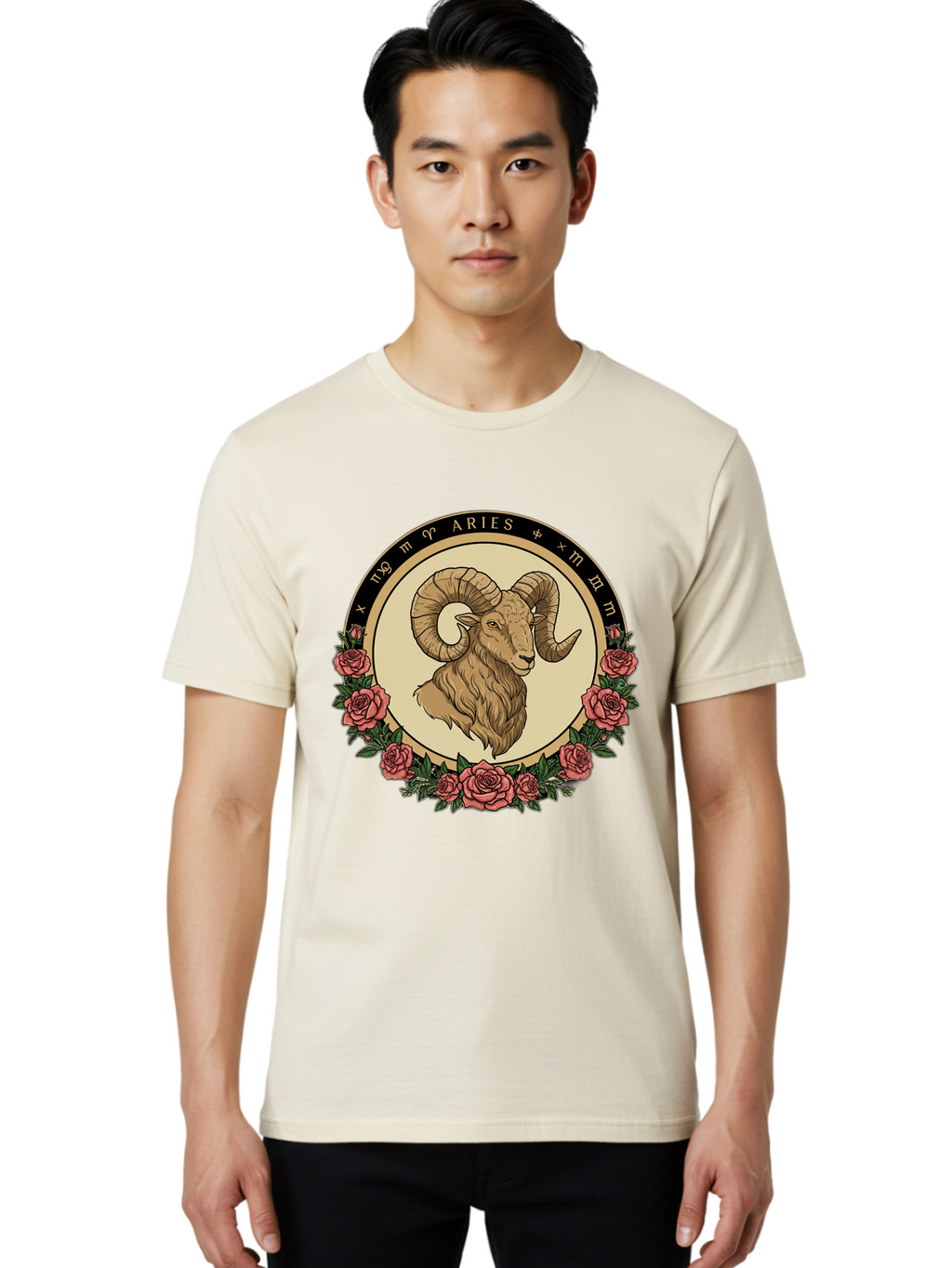 Aries Men'S Graphic Tee, 100% Cotton, Comfortable Casual Summer Wear, Machine Washable, Ram Illustration, Aries Zodiac Sign, Astrology Symbol, Roses, Floral Design, Horoscope, Mystical, Esoteric Art, Zodiac Wheel, Astrological Sign Bae121