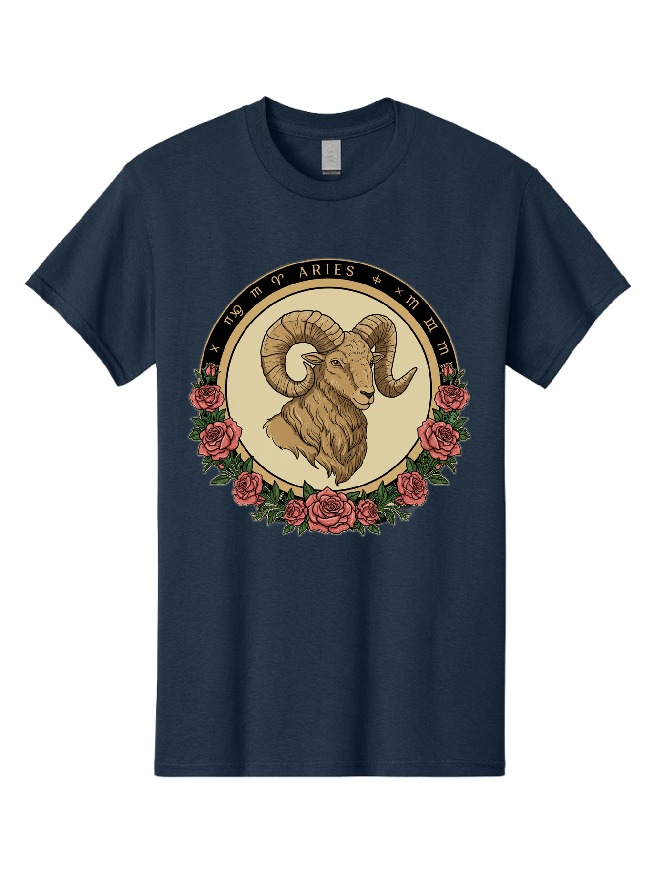 Aries Men'S Graphic Tee, 100% Cotton, Comfortable Casual Summer Wear, Machine Washable, Ram Illustration, Aries Zodiac Sign, Astrology Symbol, Roses, Floral Design, Horoscope, Mystical, Esoteric Art, Zodiac Wheel, Astrological Sign Bae121