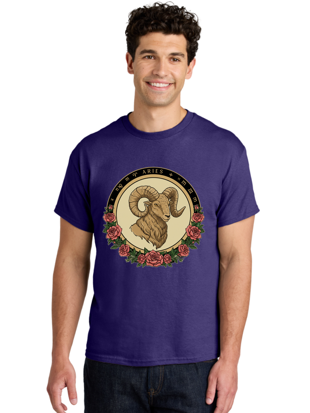 Aries Men'S Graphic Tee, 100% Cotton, Comfortable Casual Summer Wear, Machine Washable, Ram Illustration, Aries Zodiac Sign, Astrology Symbol, Roses, Floral Design, Horoscope, Mystical, Esoteric Art, Zodiac Wheel, Astrological Sign Bae121