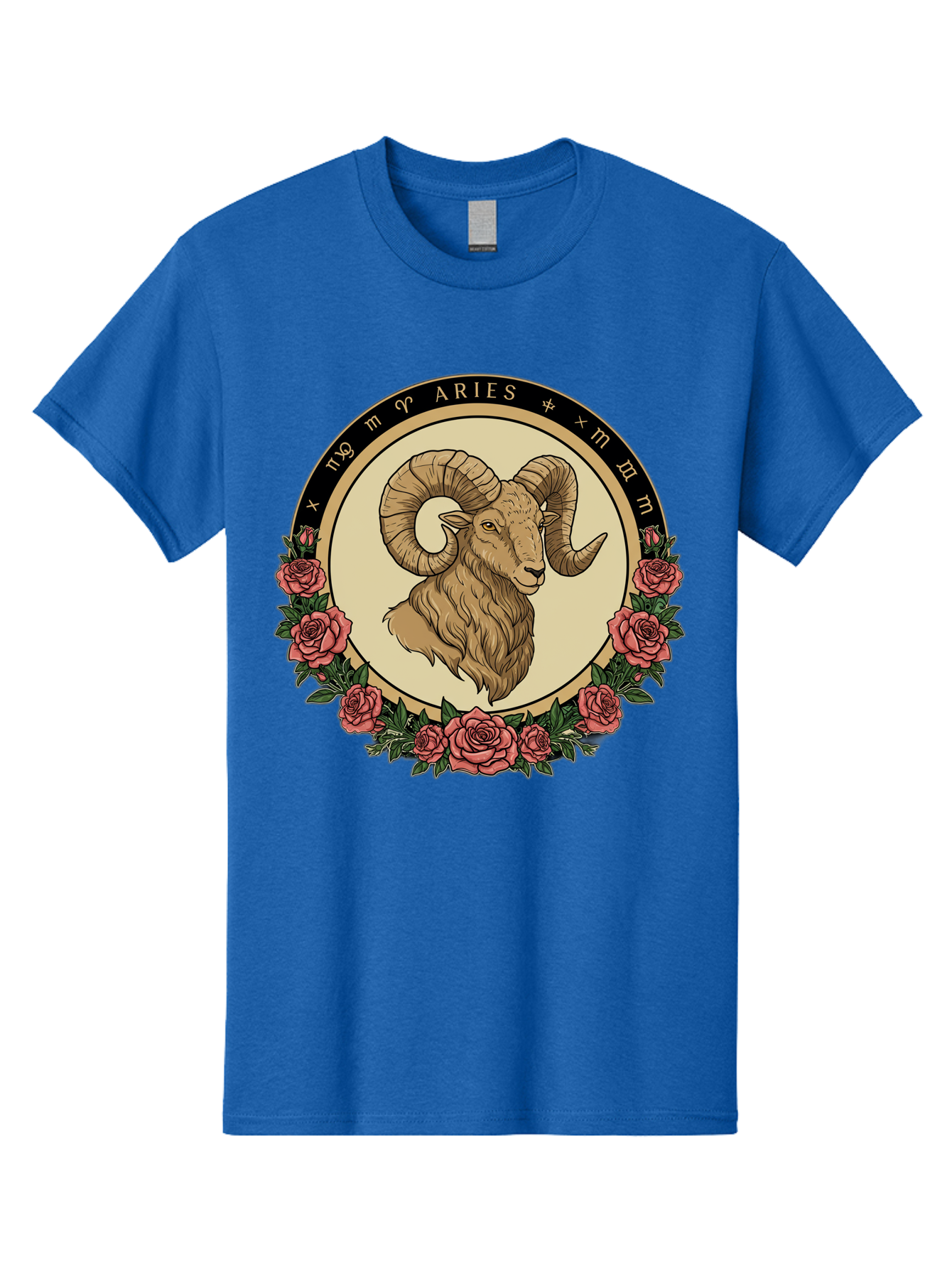 Aries Men'S Graphic Tee, 100% Cotton, Comfortable Casual Summer Wear, Machine Washable, Ram Illustration, Aries Zodiac Sign, Astrology Symbol, Roses, Floral Design, Horoscope, Mystical, Esoteric Art, Zodiac Wheel, Astrological Sign Bae121